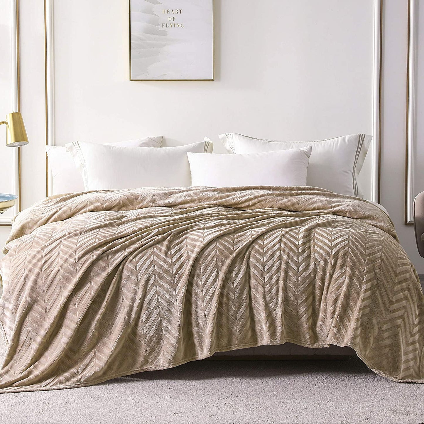 Whale Flotilla Flannel Fleece Twin Size 60x80 Inch Bed Blanket, Soft Velvet Lightweight Bedspread Plush Fluffy Coverlet Chevron Design Decorative Blanket for All Season, Champagne