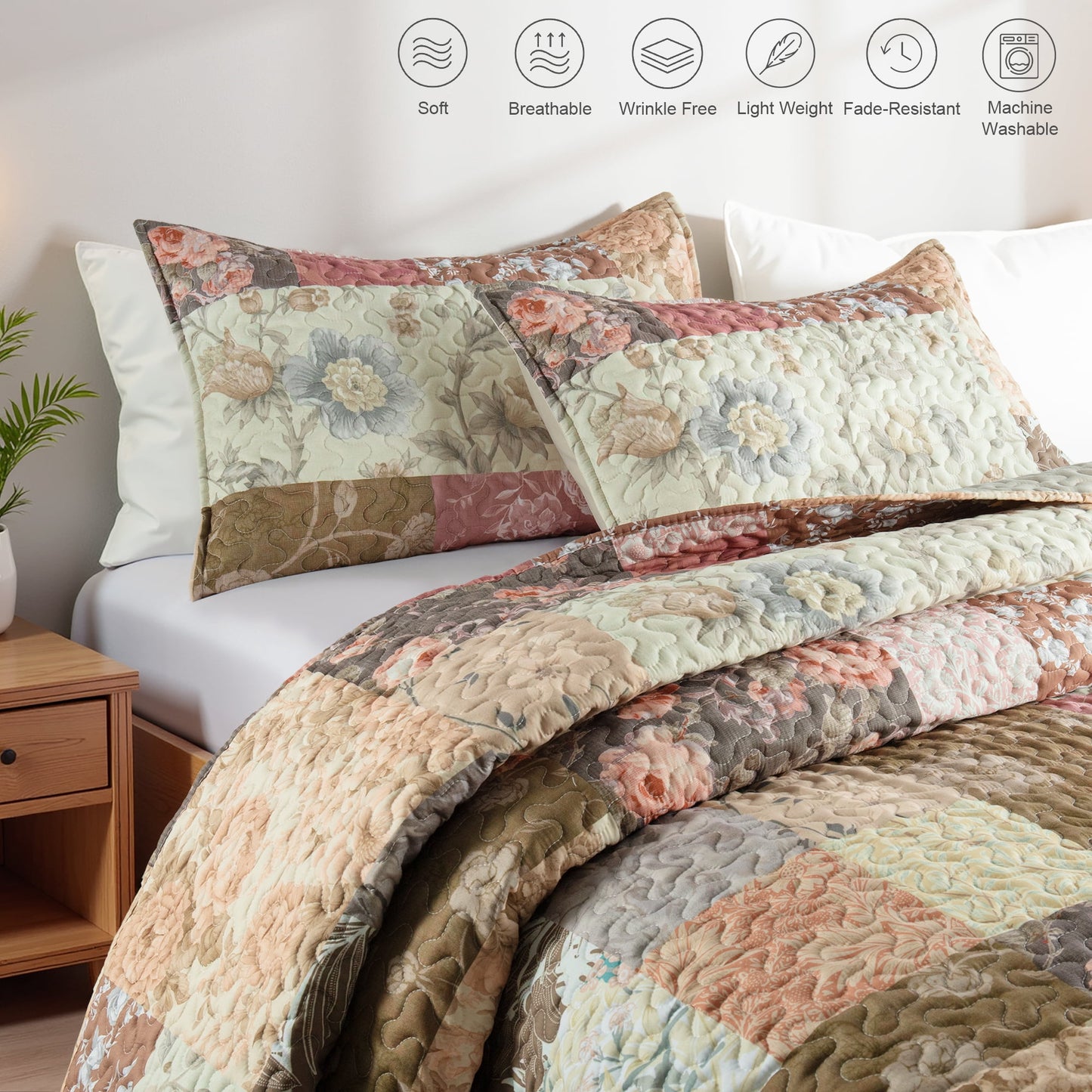 Whale Flotilla Reversible Patchwork Quilts King Size, Lightweight Boho Printed Bedspreads Coverlets Oversized Quilt Bedding Set with 2 Pillow Shams for All Seasons, Vintage Red Flowers