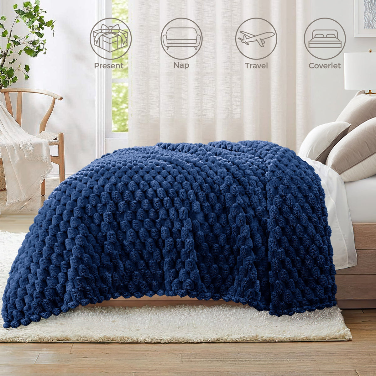 Whale Flotilla 50"x60" Throw Blanket for Couch with Expanded 3D-Jacquard Pattern, Fuzzy Soft Cozy Exquisite Blankets or All Season, Warm and Fluffy, Navy Blue