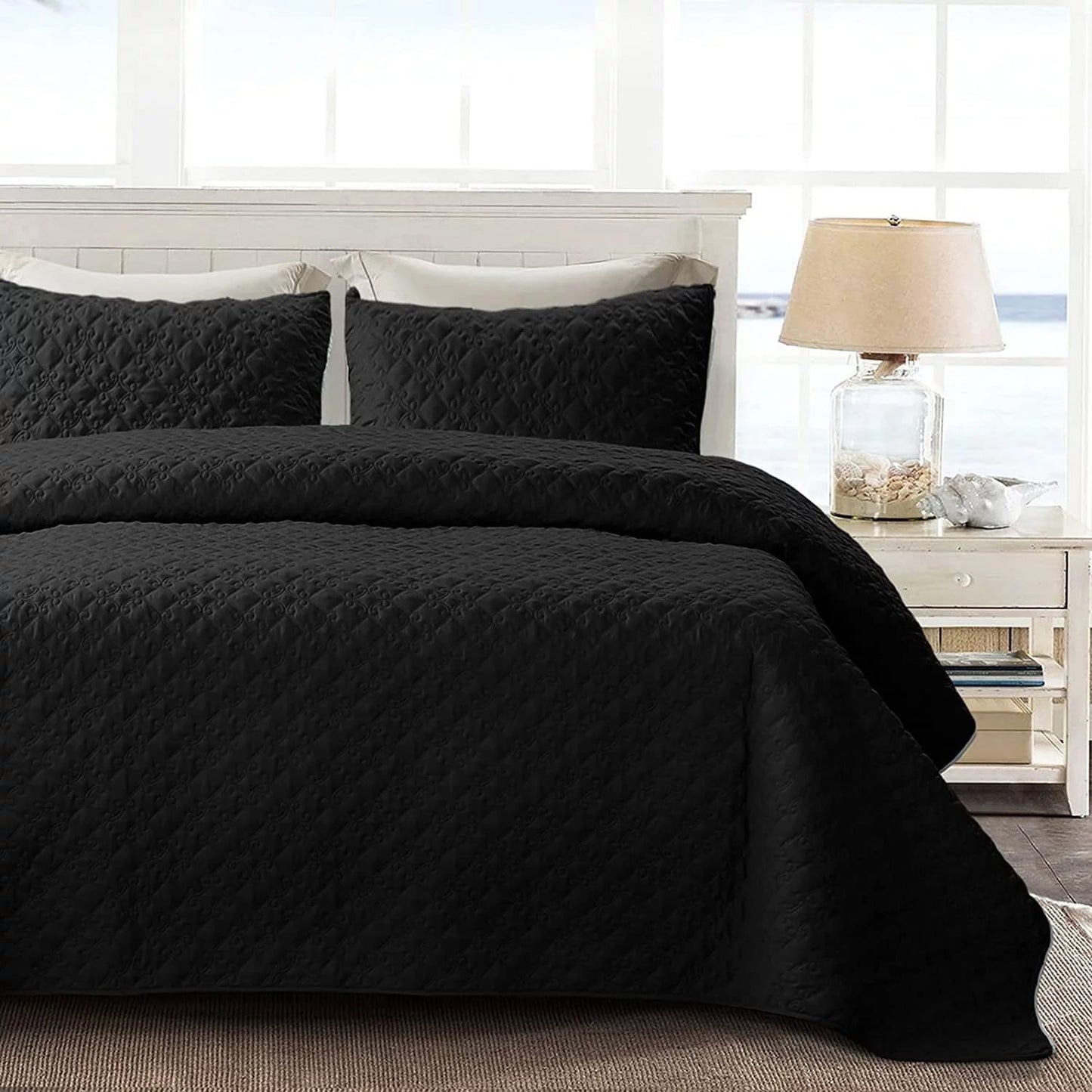 Whale Flotilla Quilt Set Twin Size, Soft Microfiber Lightweight Bedspread Coverlet Bed Cover (Diamond Pattern) for All Seasons, Black, 2 Pieces (Includes 1 Quilt, 1 Sham