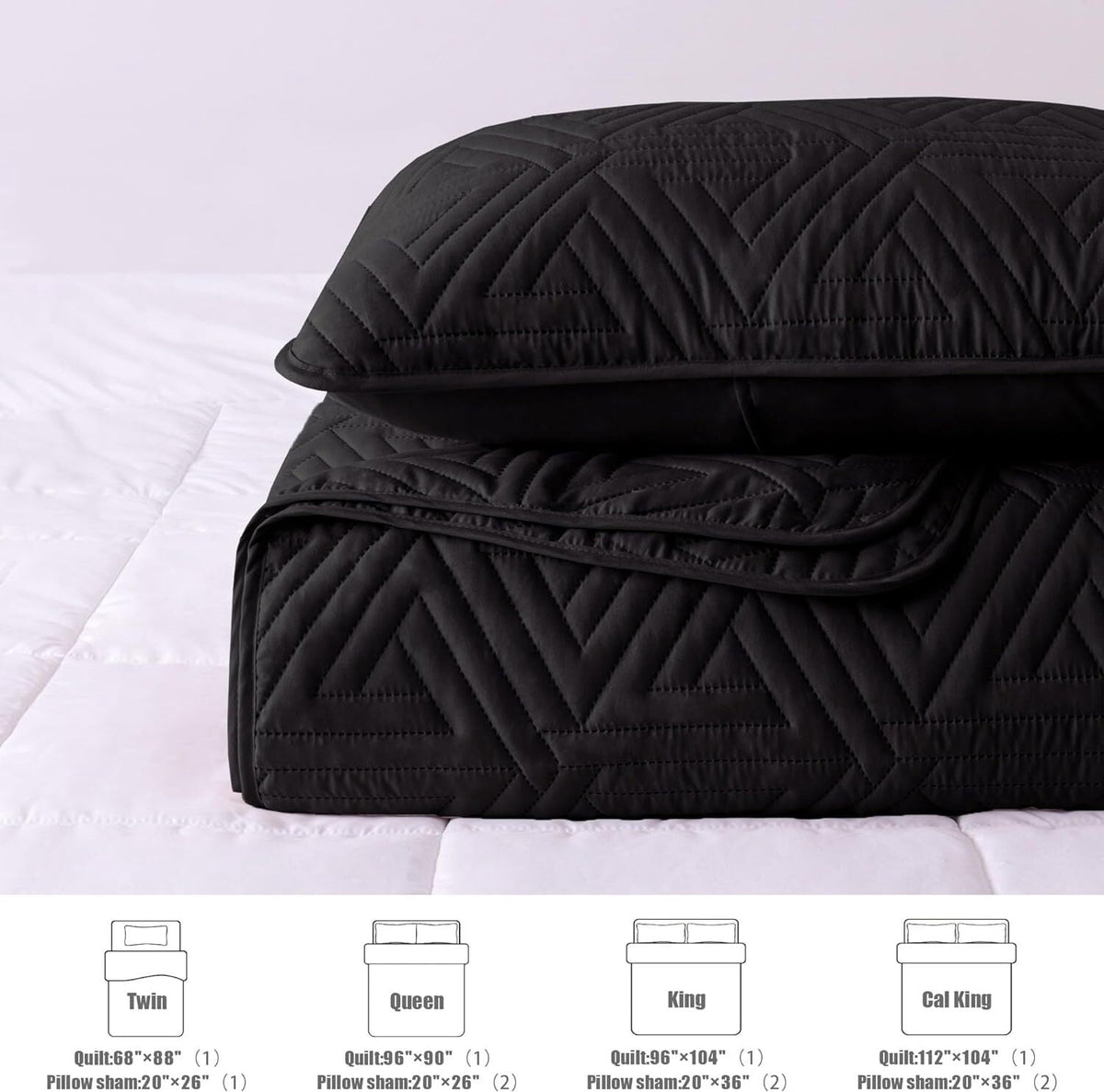 Whale Flotilla 3-Piece Queen Size Quilt Set for All Season, Classic Geometric Pattern Bedding Set with 2 Pillow Shams, Soft and Lightweight, Black