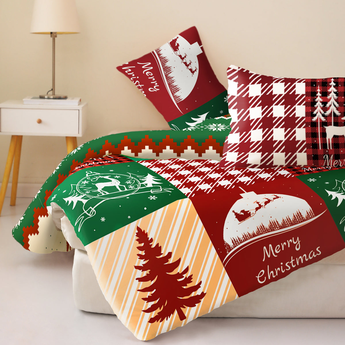 Whale Flotilla 3-Piece Queen Comforter Set, Soft Reversible Bedding Comforter Sets, Patchwork Printed Down Alternative Comforter Duvet for All Seasons,Happy Christmas