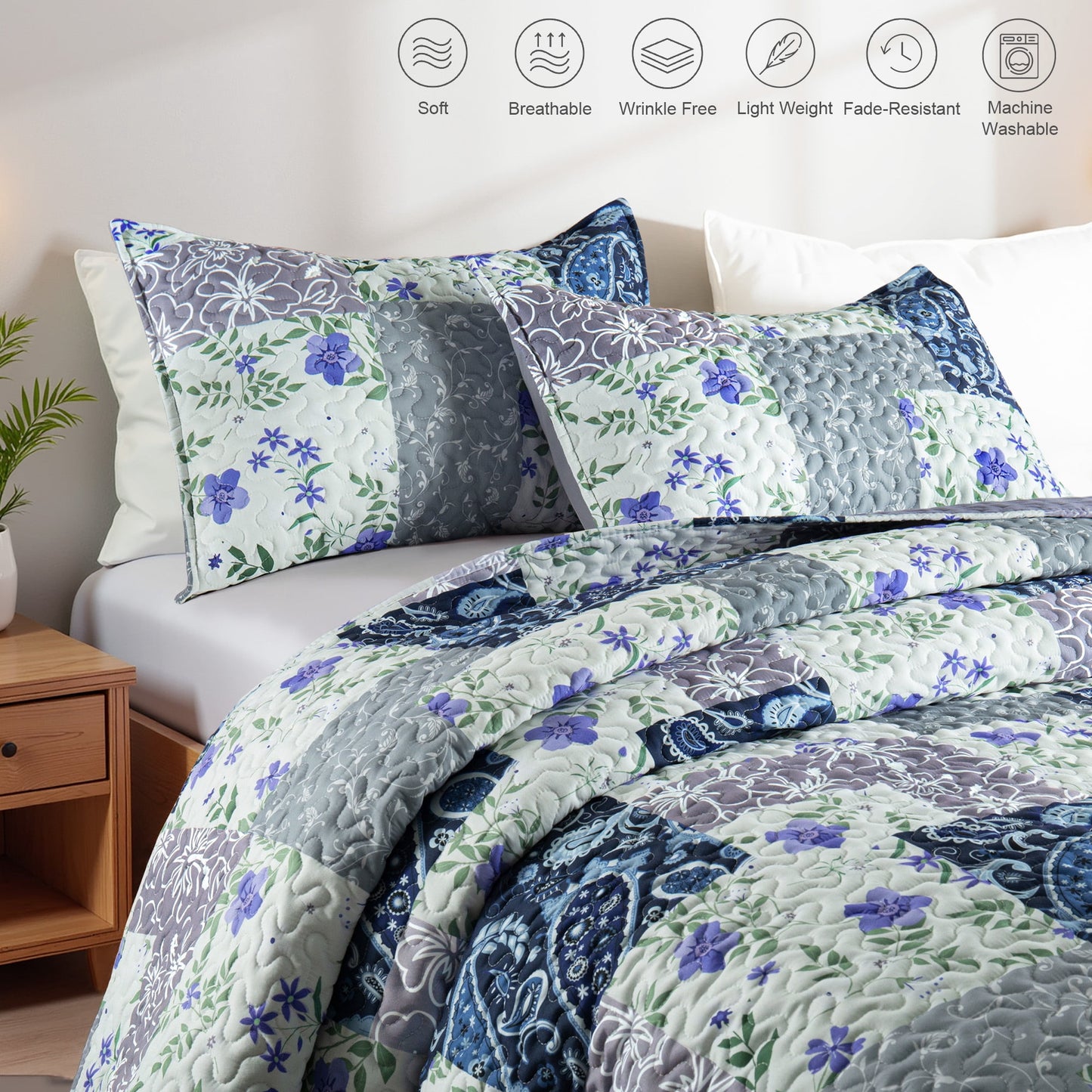 Whale Flotilla Reversible Patchwork Quilts King Size, Lightweight Boho Printed Bedspreads Coverlets Oversized Quilt Bedding Set with 2 Pillow Shams for All Seasons, Paisley Flowers