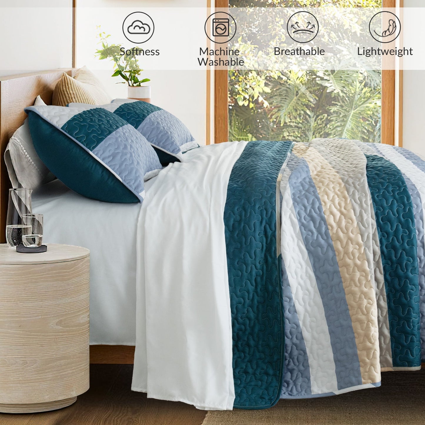 Whale Flotilla Reversible Ultra Soft Printed Quilts Twin Size, Lightweight Patchwork Geometric Stripes Bedspreads Coverlets Twin Quilt Bedding Set with 1 Pillow Sham for All Seasons, Navy