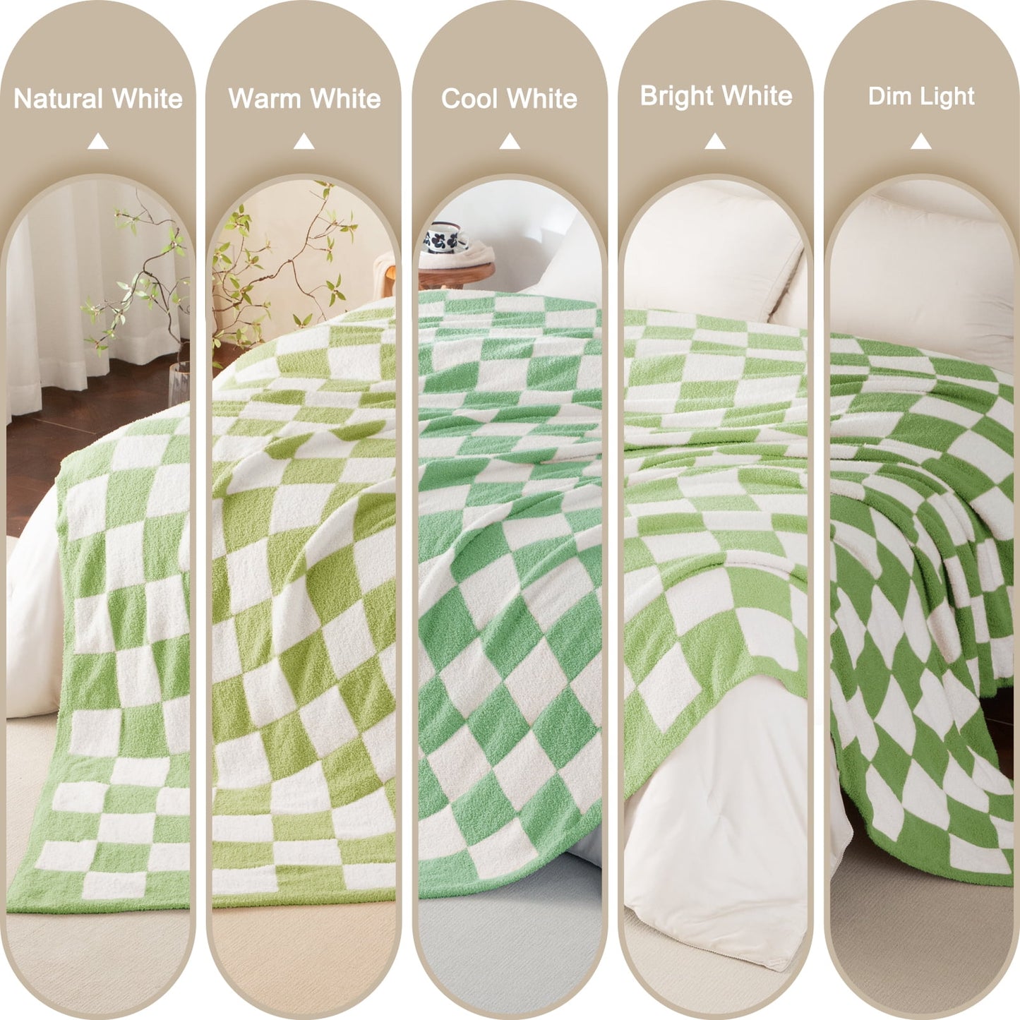 Whale Flotilla Checkered Knit Queen Size Blanket for Bed, Soft Fluffy and Cozy, 90"x90", Light Green
