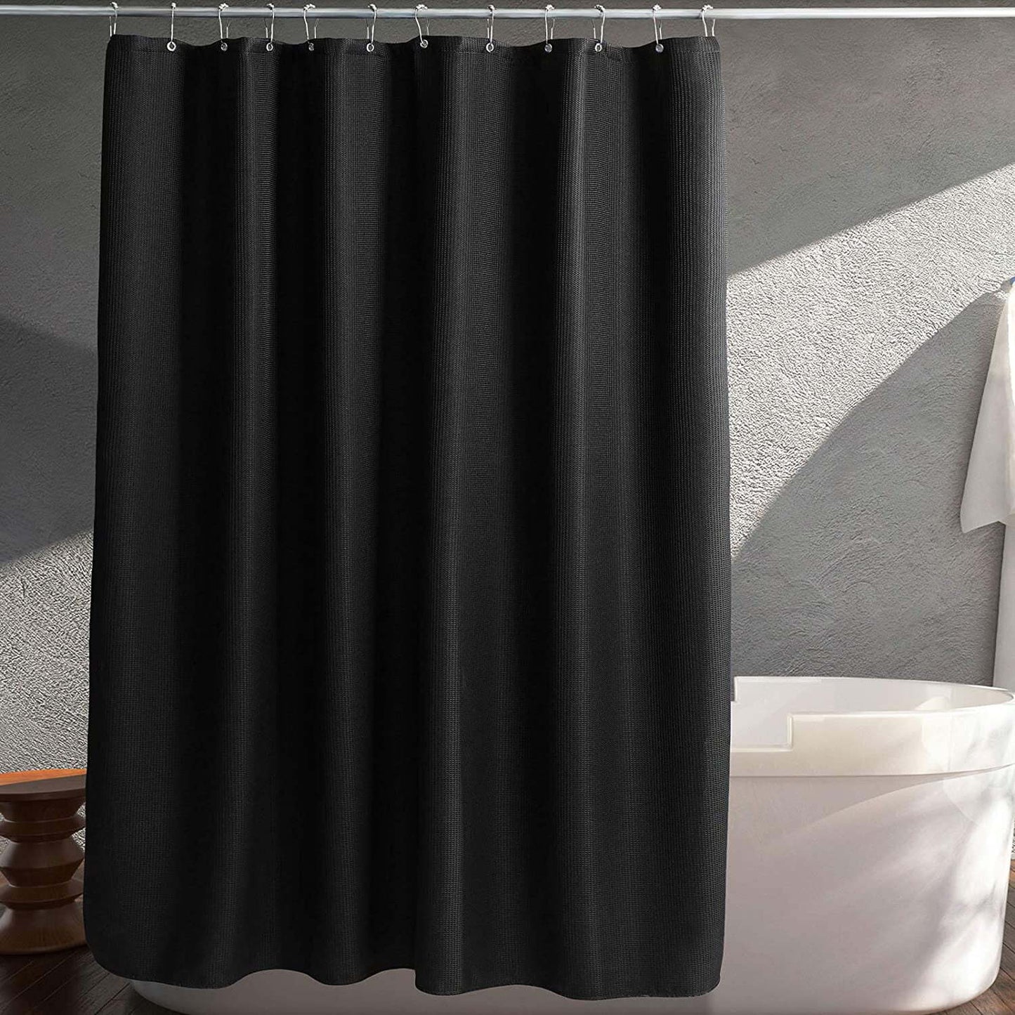 Whale Flotilla Luxury Hotel Collection Waffle Weave Black Shower Curtain Set, 230GSM Heavy Duty Fabric Shower Curtain with 12 Metal Roller Hooks, Waterproof and Machine Washable - 72" W x 84" H