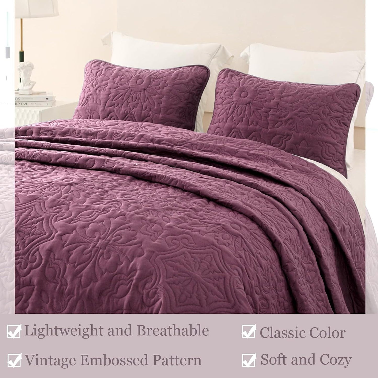 Whale Flotilla 2-Piece Twin Quilt Set, Soft Embossed Bedding Set, Lightweight Bedspread Coverlet with Damask Vintage Pattern, Reversible Bed Cover for All Seasons, Dusty Lavender