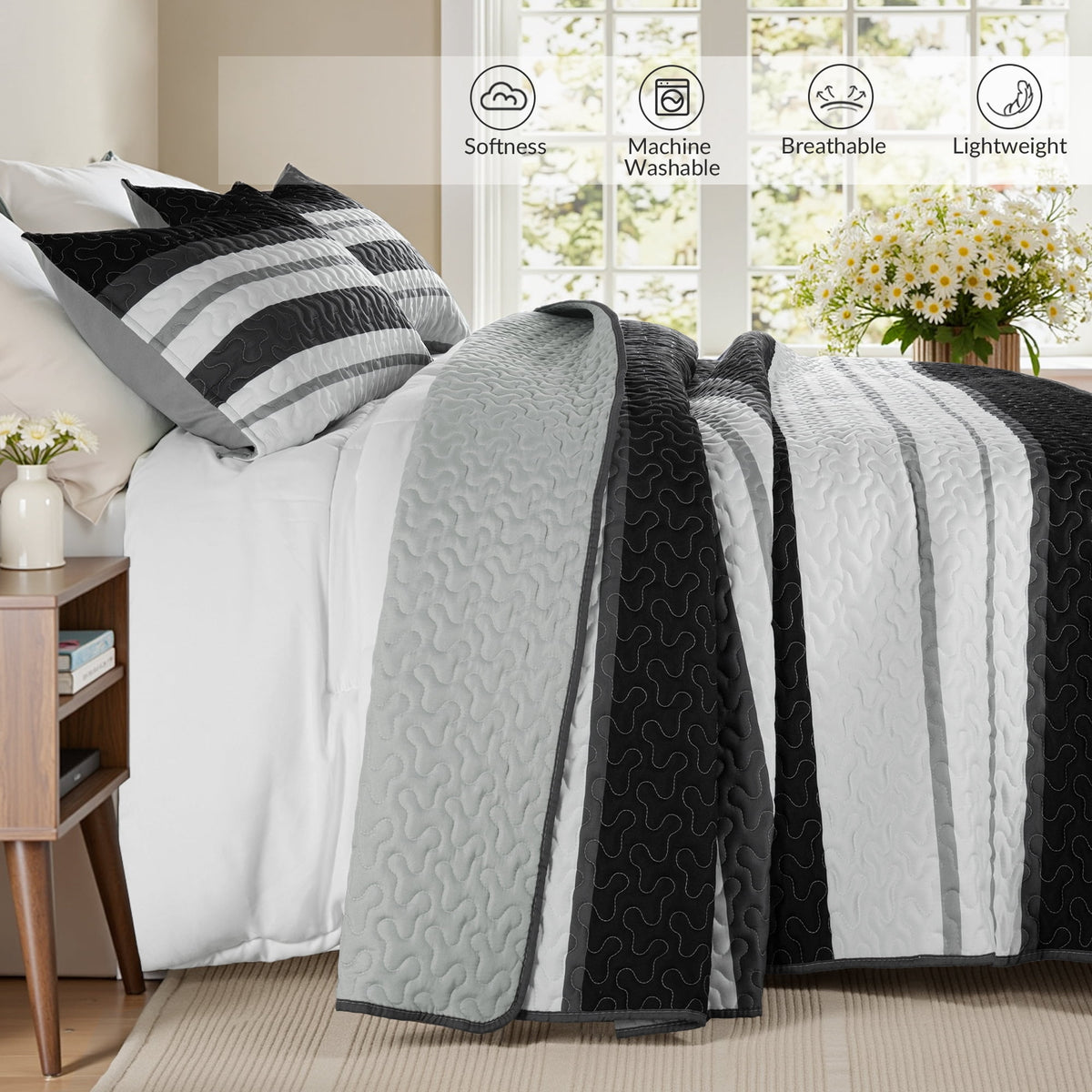 Whale Flotilla Reversible Ultra Soft Printed Quilts Queen Size, Lightweight Patchwork Geometric Stripes Bedspreads Coverlets Queen Quilt Bedding Set with 2 Pillow Shams for All Seasons, Black/White