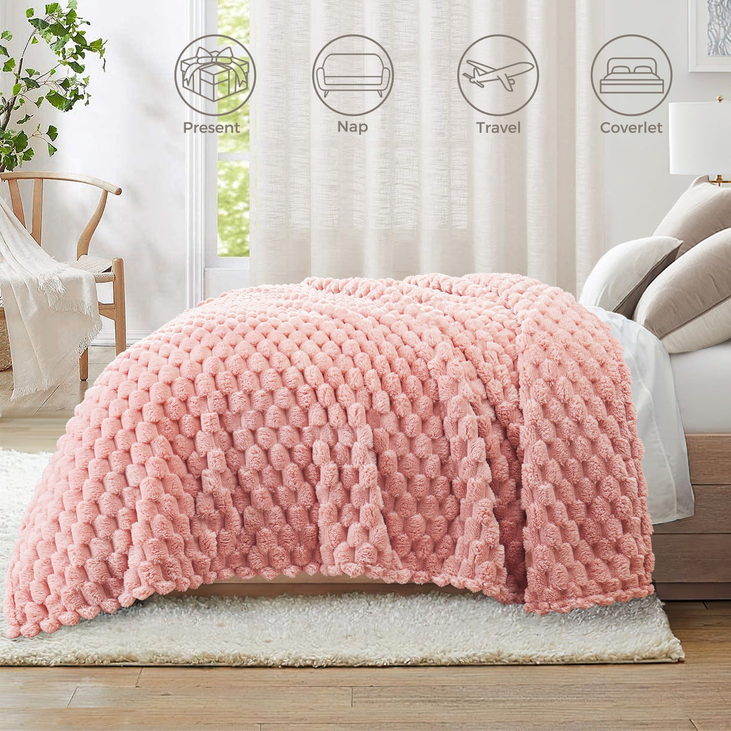 Whale Flotilla Throw Blanket for Couch with Expanded 3D-Jacquard Pattern, Fuzzy Soft Cozy Exquisite Blankets or All Season, Warm and Fluffy, 50x60 Inch,Pink