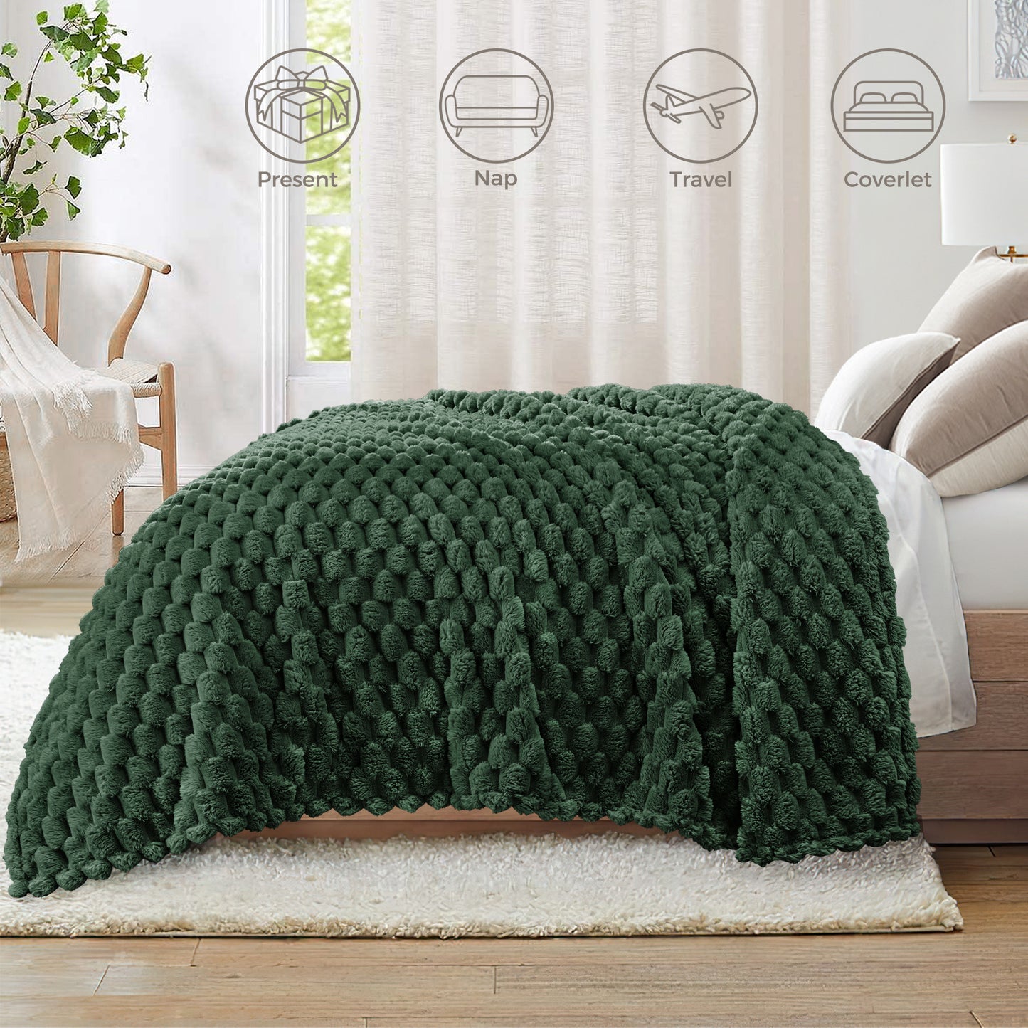 Whale Flotilla Throw Blanket for Couch with Expanded 3D-Jacquard Pattern, Fuzzy Soft Cozy Exquisite Blankets or All Season, Warm and Fluffy, 50x60 Inch,Emerald Gr