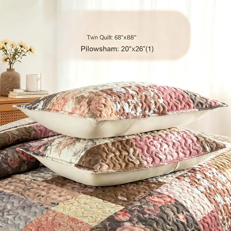 Whale Flotilla Reversible Patchwork Quilts Twin Size, Lightweight Boho Printed Bedspreads Coverlets Quilt Bedding Set with 1 Pillow Shams for All Seasons, Vintage Red Flowers