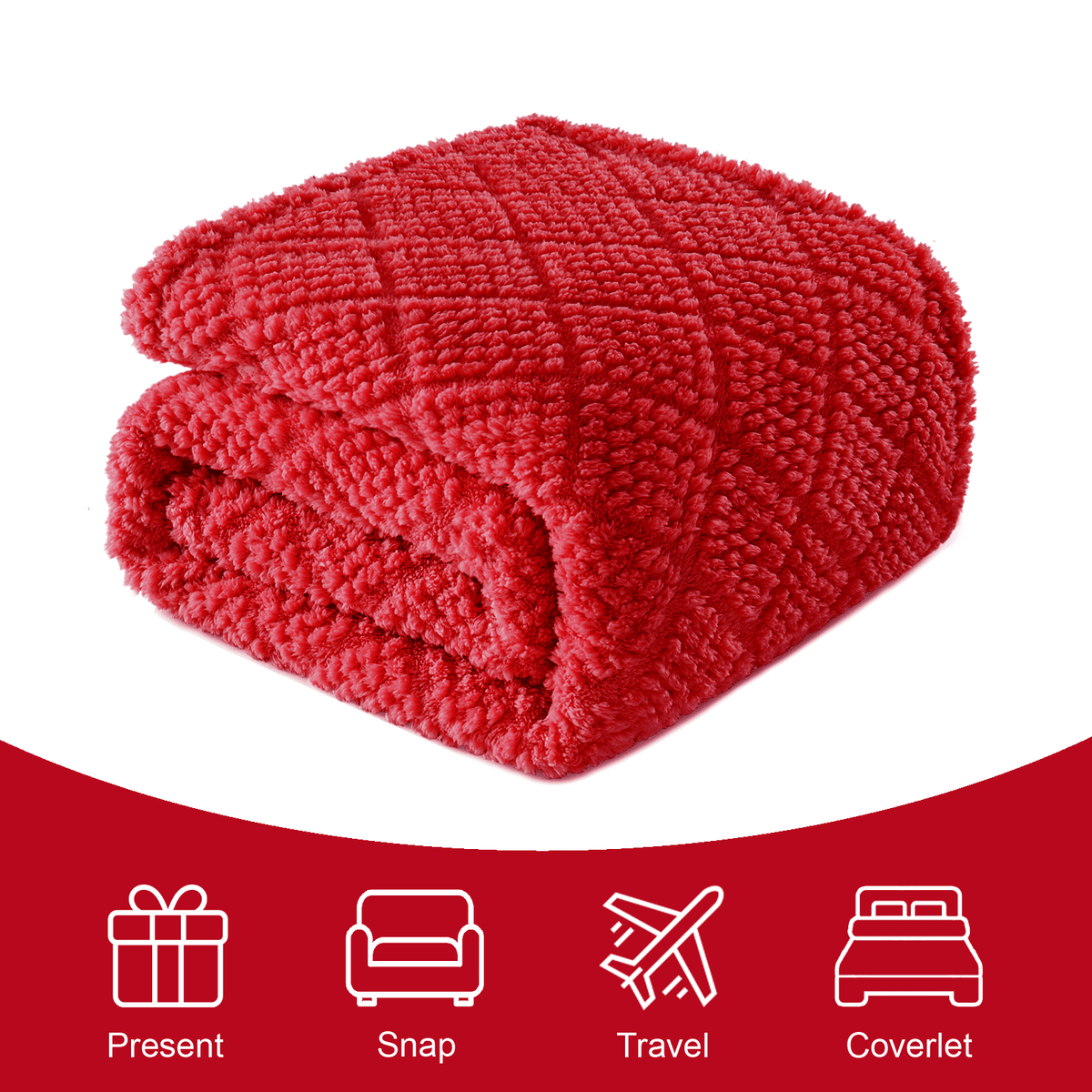 Whale Flotilla Fuzzy Fleece Twin Size Blanket for Bed, Soft Fluffy Jacquard Waffle Blankets for All Season, Lightweight and Warm, 60x80 Inch, Red