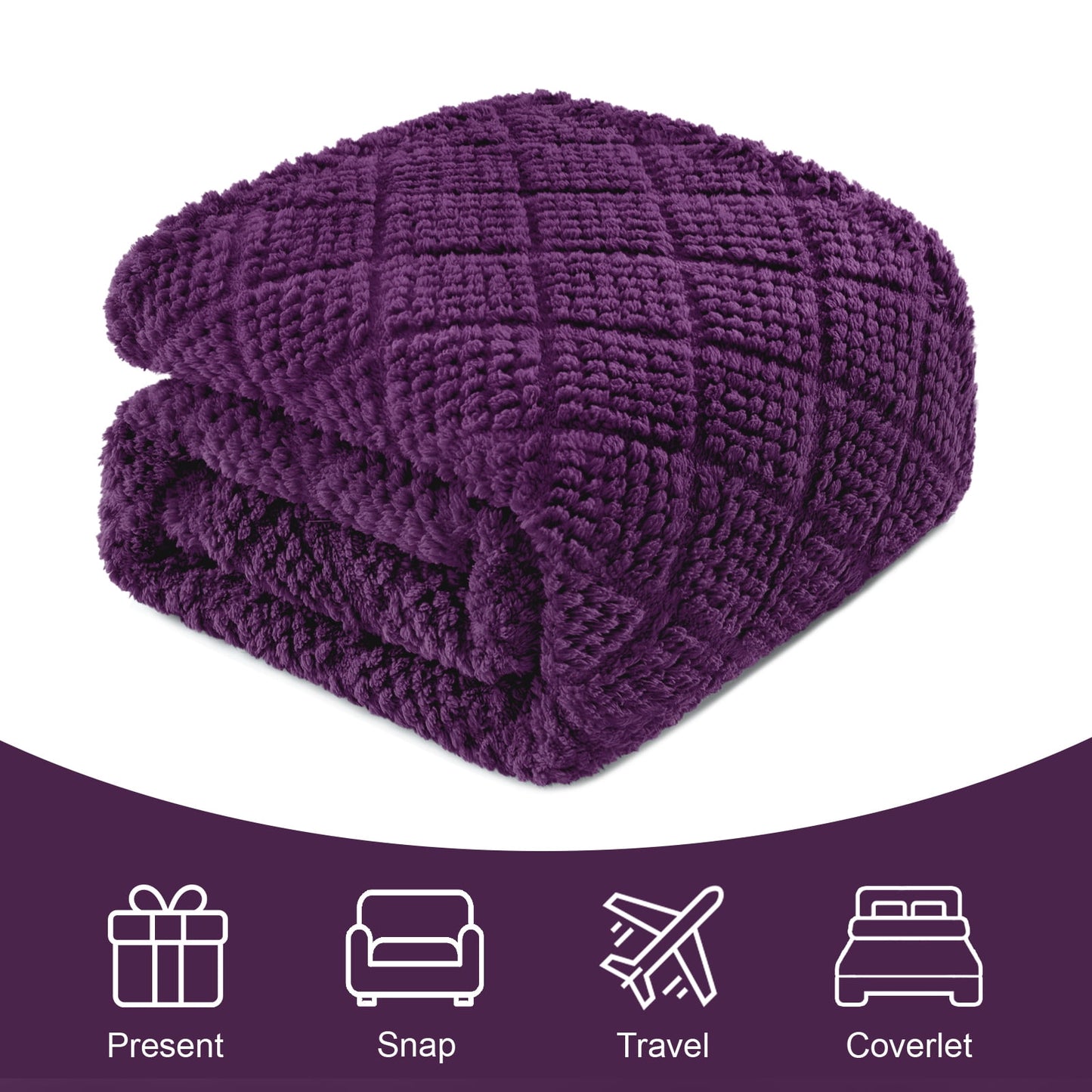 Whale Flotilla Fuzzy Fleece Twin Size Blanket for Bed, Soft Fluffy Jacquard Waffle Blankets for All Season, Lightweight and Warm, 60x80 Inch, Purple