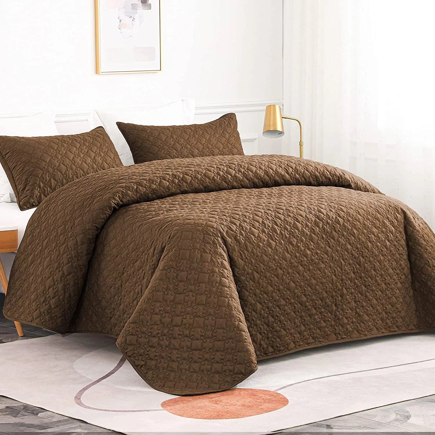 Whale Flotilla Quilt Set Queen Size, Soft Microfiber Lightweight Bedspread Coverlet Bed Cover (Diamond Pattern) for All Seasons, Brown, 3 Pieces (Includes 1 Quilt, 2 Shams)