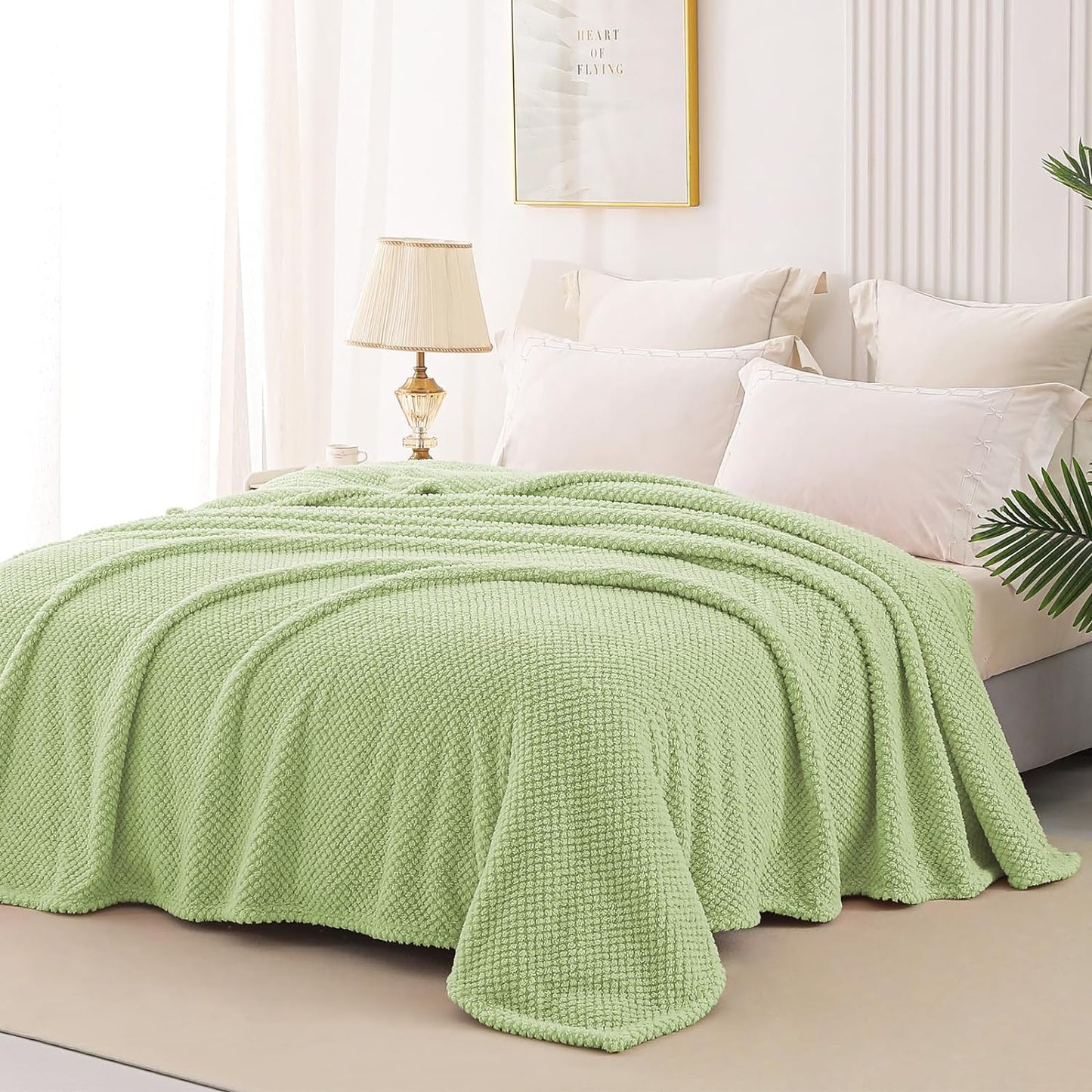 Whale Flotilla Queen Size Fuzzy Fleece Blanket, Fluffy Warm Soft Jacquard Bed Blankets for Fall Winter, Lightweight and Cozy, 90x90 Inch, Light Green