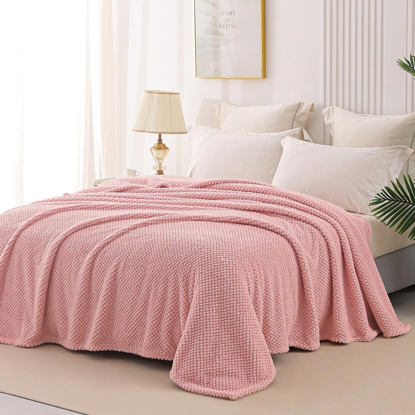 Whale Flotilla Twin Size Fuzzy Fleece Blanket, Fluffy Warm Soft Jacquard Bed Blankets for Fall Winter, Lightweight and Cozy, 60x80 Inch, Pink