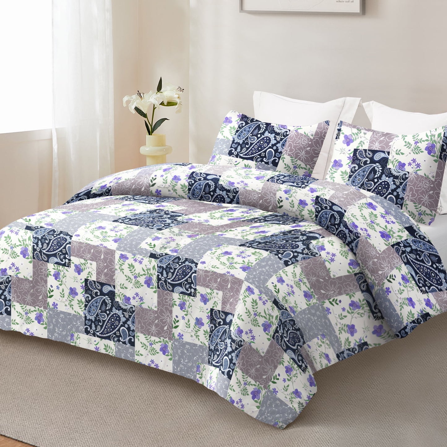Whale Flotilla 3-Piece Queen Comforter Set, Soft Reversible Bedding Comforter Sets, Patchwork Printed Down Alternative Comforter Duvet for All Seasons,Paisley Flowers