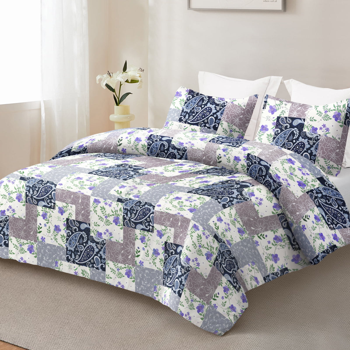 Whale Flotilla 3-Piece King Comforter Set, Soft Reversible Bedding Comforter Sets, Patchwork Printed Down Alternative Comforter Duvet for All Seasons,Paisley Flowers