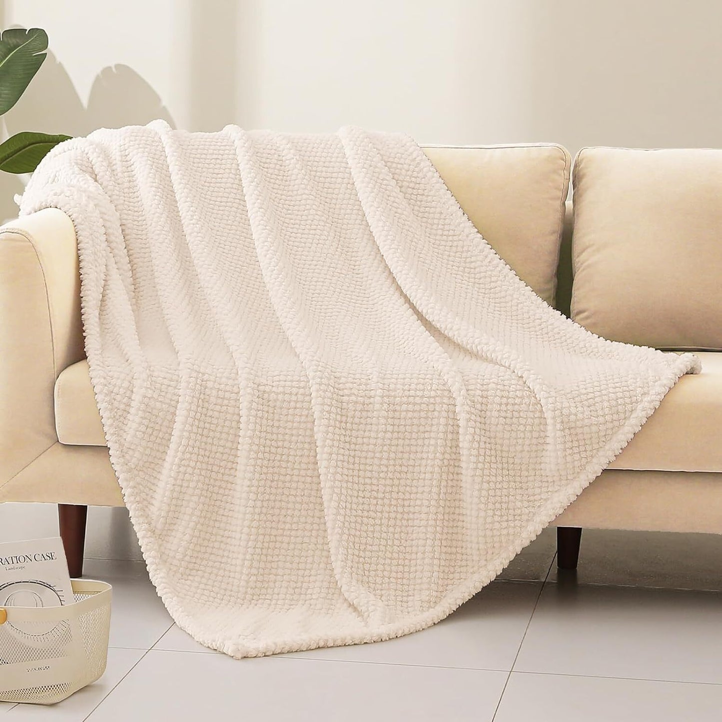 Whale Flotilla Fuzzy Fleece Throw Blanket for Couch, Fluffy Warm Soft Jacquard Blankets for Fall Winter, Lightweight and Cozy, 50x70 Inch, Ivory