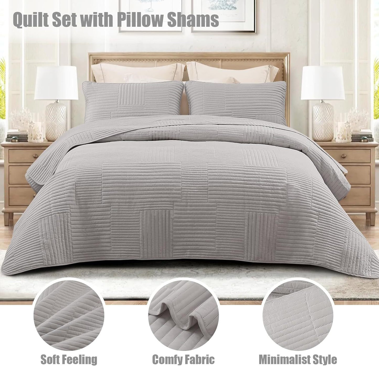 Whale Flotilla Twin Quilt Set, Soft Lightweight Quilts Bedspreads Coverlet with Striped Pattern, Bedding Sets with Pillow Sham, Reversible Bed Cover for All Seasons, 68x88 Inches, Light Grey