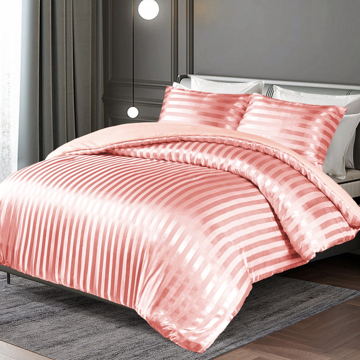 Whale Flotilla 3-Piece Reversible Silky Soft King Size Comforter Set, Luxury Stripe Satin Oversized Comforter Bedding Set with 2 Satin Pillowcases, Lightweight Duvet for All Seasons, Pink