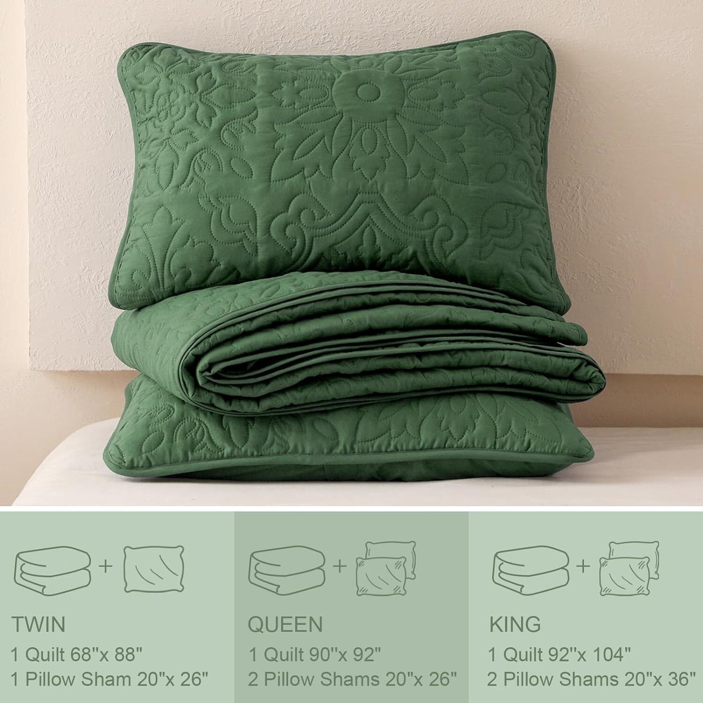 Whale Flotilla 2-Piece Twin Quilt Set, Soft Embossed Bedding Set, Lightweight Bedspread Coverlet with Damask Vintage Pattern, Reversible Bed Cover for All Seasons, Sage Green