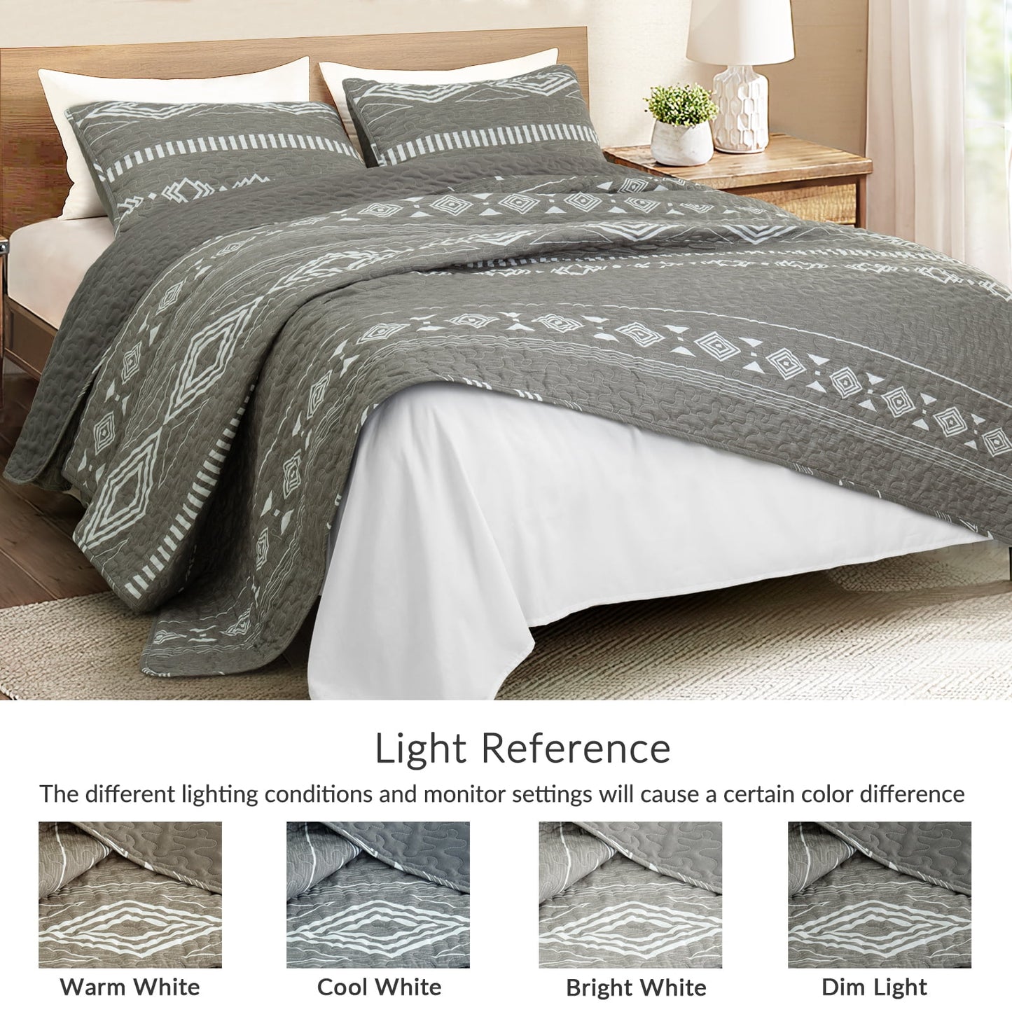 Whale Flotilla Reversible Ultra Soft Printed Quilts Queen Size, Lightweight Patchwork Geometric Stripes Bedspreads Coverlets Queen Quilt Bedding Set with 2 Pillow Shams for All Seasons, Deep Grey
