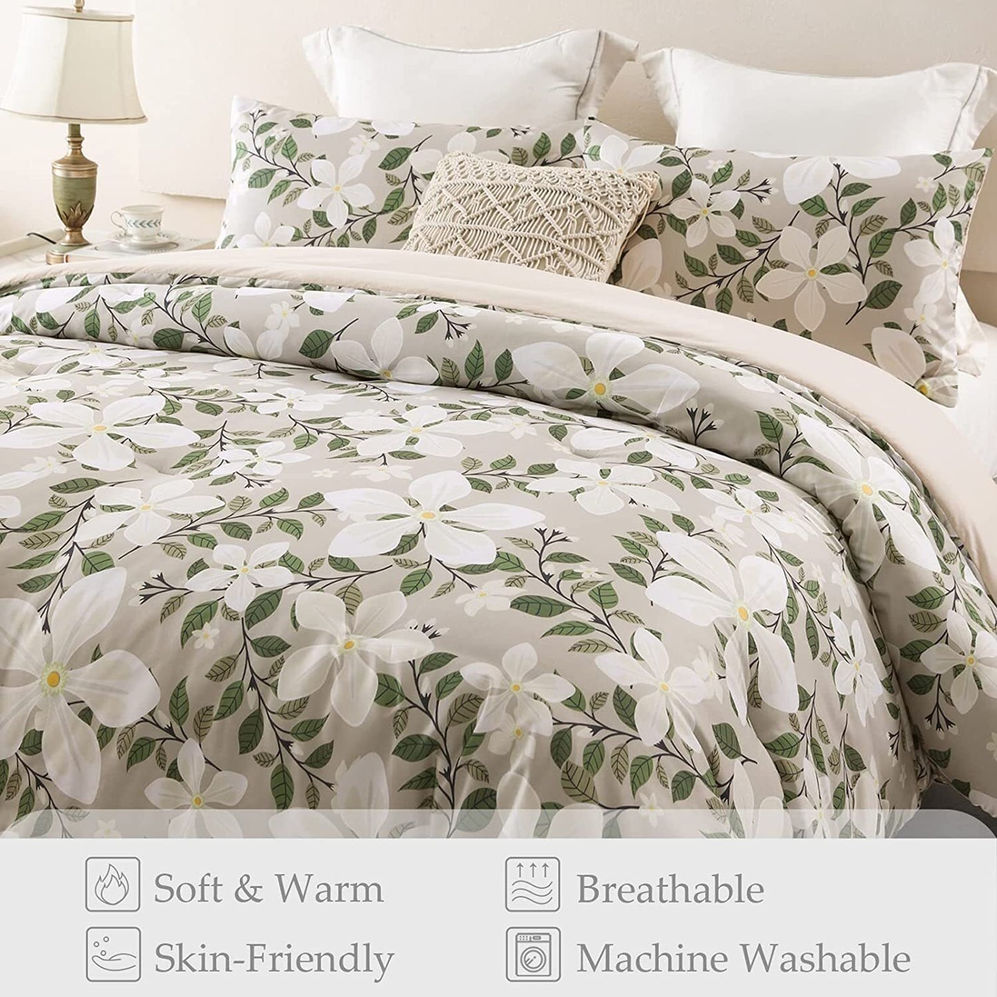 Whale Flotilla 3-Piece King Comforter Set, Soft Reversible Bedding Comforter Sets, Floral Printed Down Alternative Comforter Duvet for All Seasons, Bone