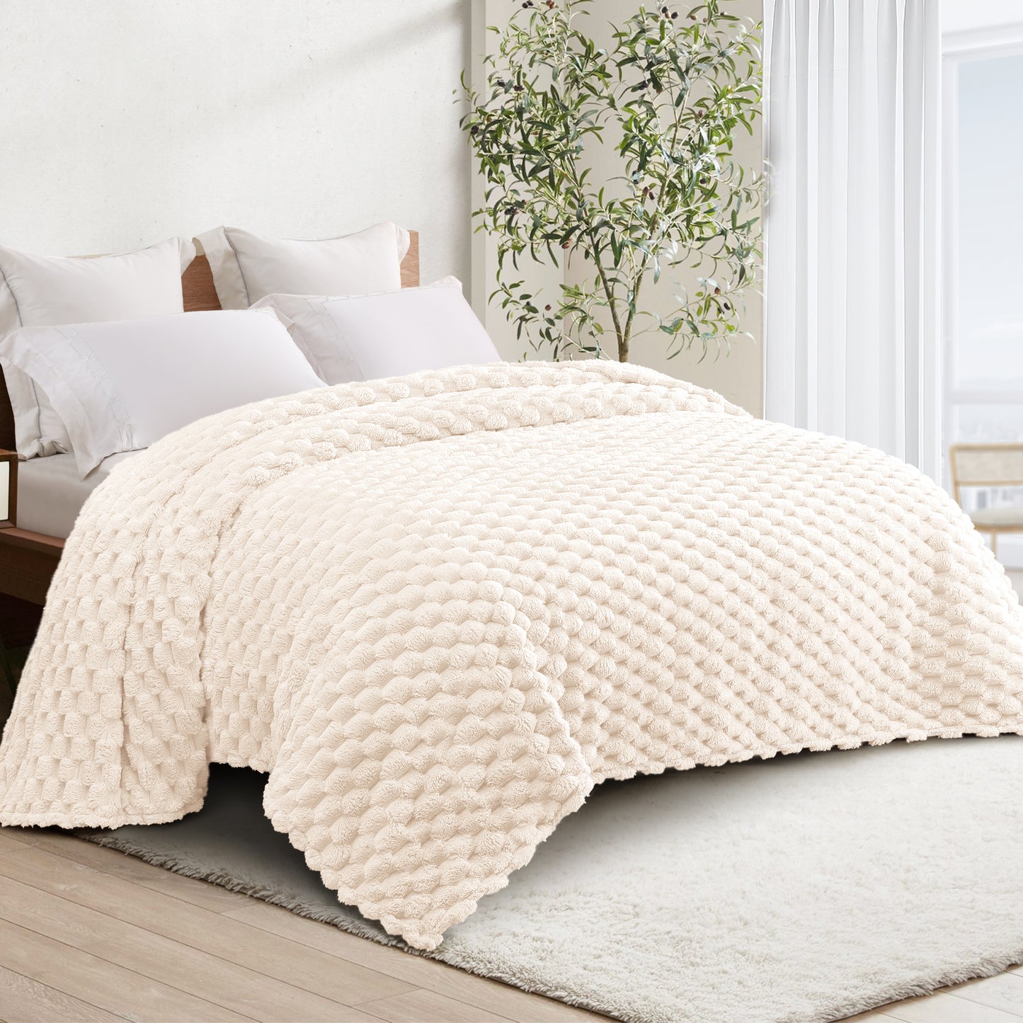 Whale Flotilla Twin Size Blanket for Bed with Expanded 3D-Jacquard Pattern, Fuzzy Soft Cozy Exquisite Blankets or All Season, Warm and Fluffy, 60x80 Inch, White
