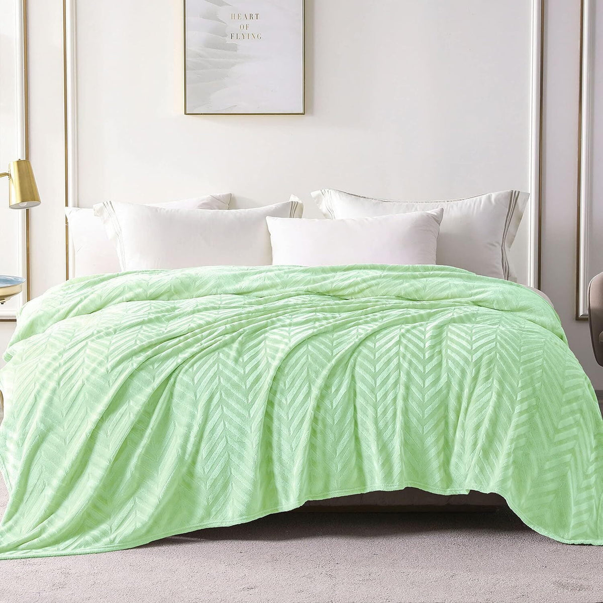 Whale Flotilla Flannel Fleece King Size 90x104 Inch Bed Blanket, Soft Velvet Lightweight Bedspread Plush Fluffy Coverlet Chevron Design Decorative Blanket for All Season, Light Green