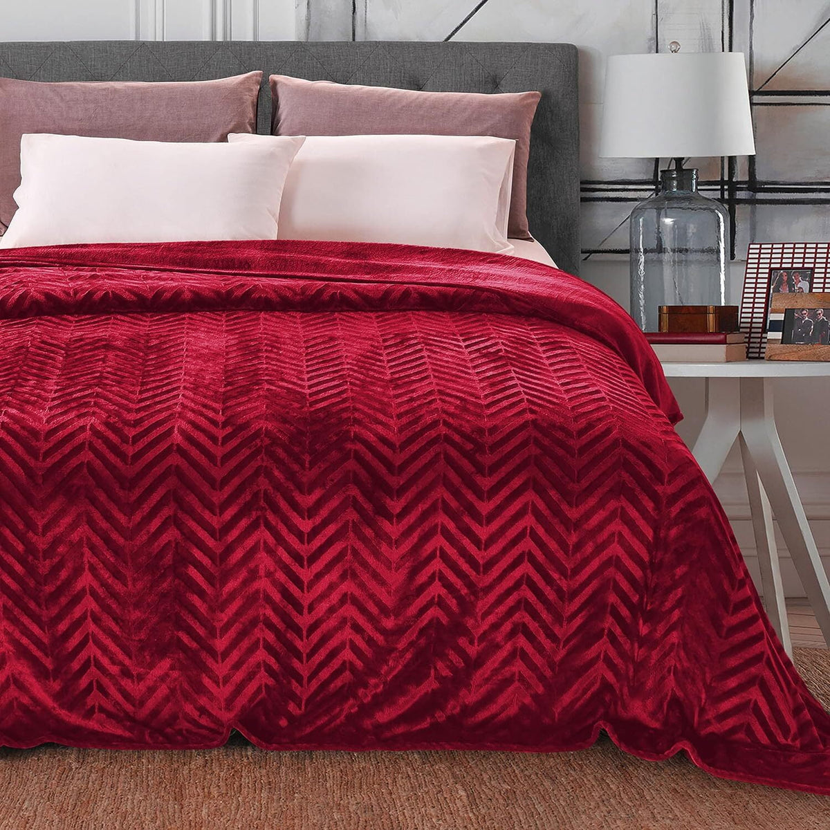 Whale Flotilla Flannel Fleece Twin Size 60x80 Inch Bed Blanket, Soft Velvet Lightweight Bedspread Plush Fluffy Coverlet Chevron Design Decorative Blanket for All Season, Red