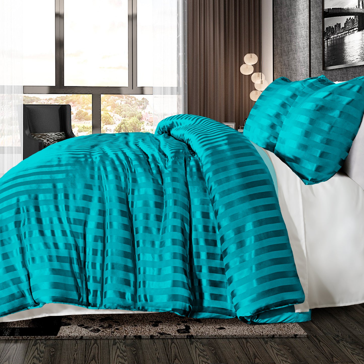 Whale Flotilla 3-Piece Reversible Silky Soft Queen Comforter Set, Luxury Stripe Satin Comforters Full Size Bedding Set with 2 Satin Pillowcases, Lightweight Duvet Set for All Seasons, Turquoise