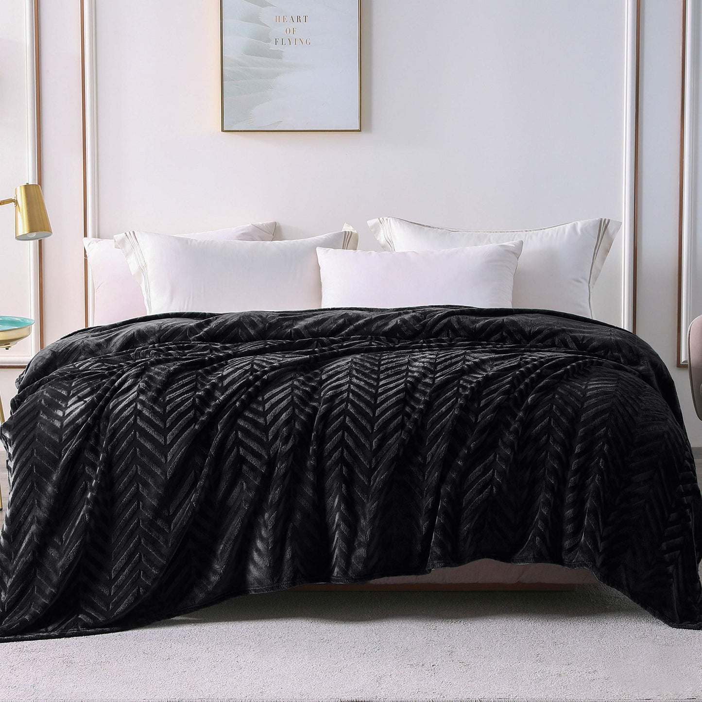 Whale Flotilla Flannel Fleece Double Size Blanket for Bed, 150x200 CM, Soft Fluffy Velvet Bed Blanket with Decorative Chevron Pattern for All Season, Warm and Lightweight, Black