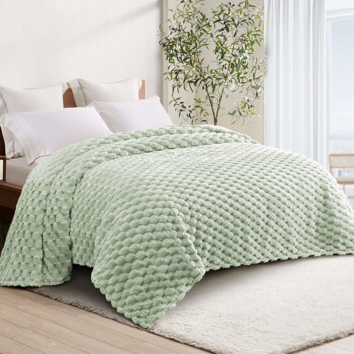 Whale Flotilla Twin Size Blanket for Bed with Expanded 3D-Jacquard Pattern, Fuzzy Soft Cozy Exquisite Blankets or All Season, Warm and Fluffy, 60x80 Inch, Sage Green