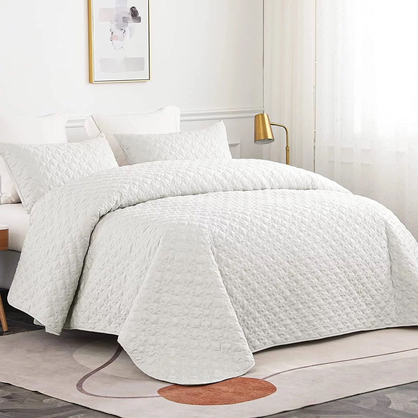 Whale Flotilla Quilt Set Twin Size, Soft Microfiber Lightweight Bedspread Coverlet Bed Cover (Diamond Pattern) for All Seasons, White, 2 Pieces (Includes 1 Quilt, 1 Sham)