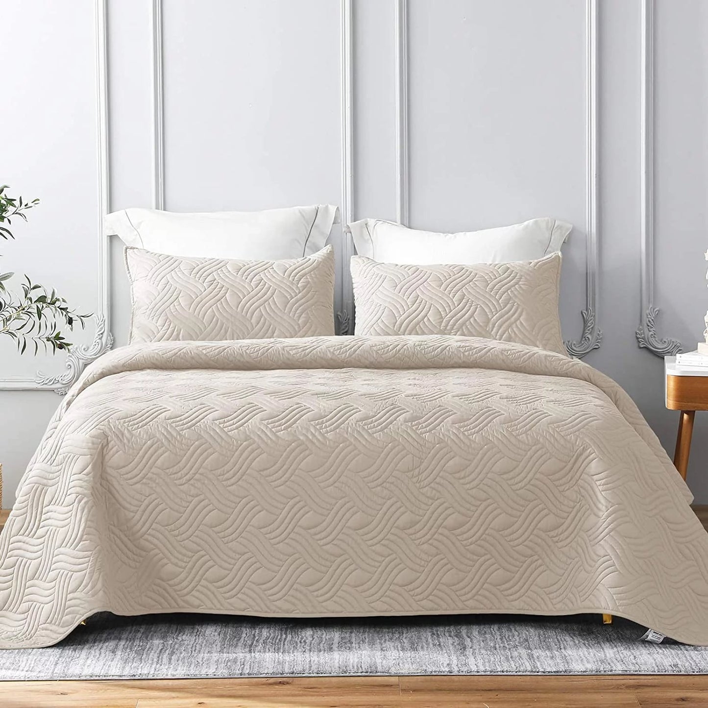 Whale Flotilla Quilt Set Queen Size, Soft Microfiber Lightweight Bedspread Coverlet Bed Cover (Wave Pattern) for All Seasons, Brich Beige, 3 Pieces (Includes 1 Quilt, 2 Shams)
