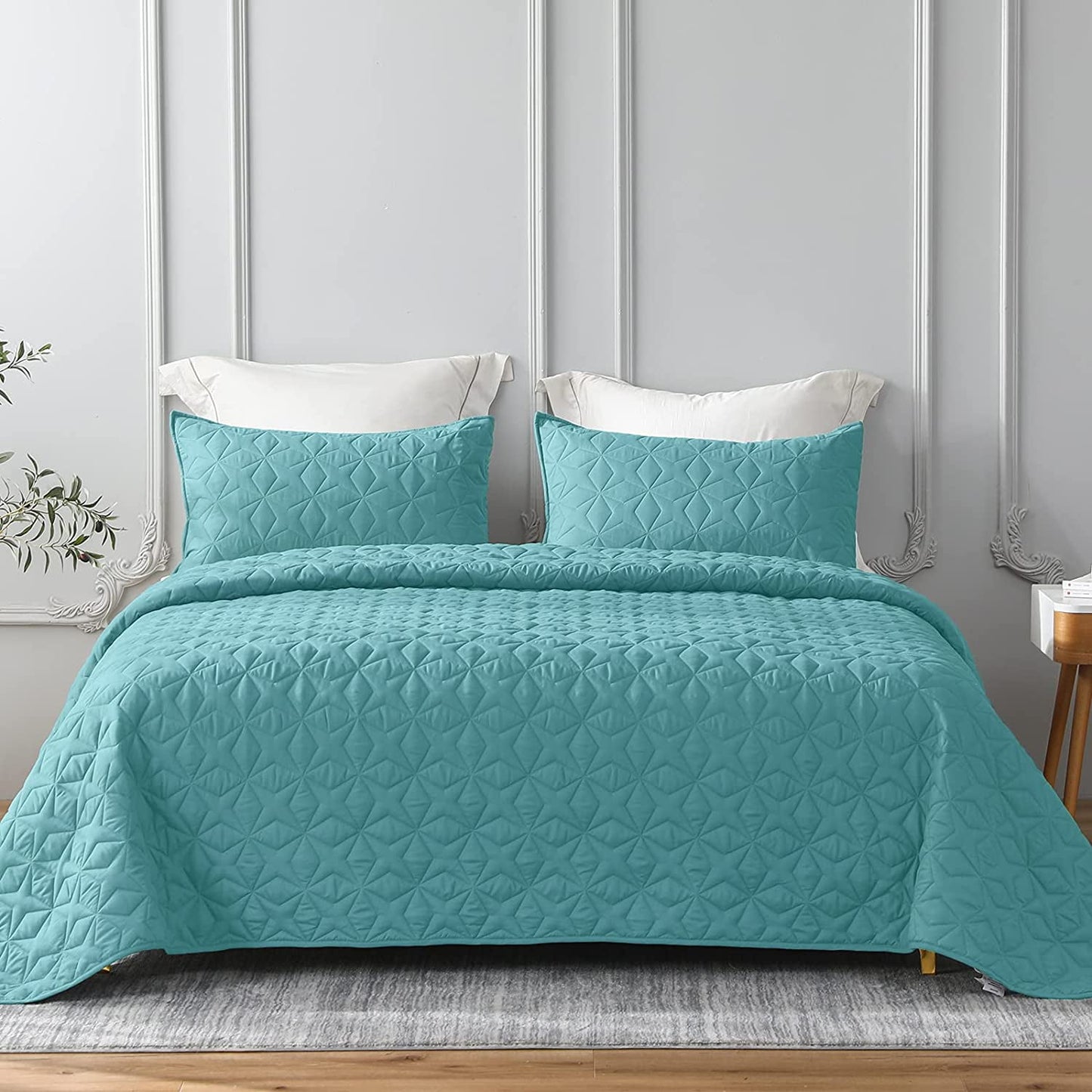 Whale Flotilla Quilt Set Twin Size, Soft Microfiber Lightweight Bedspread Coverlet Bed Cover (Star Pattern) for All Seasons, Turquoise, 3 Pieces (Includes 1 Quilt, 2 Shams)