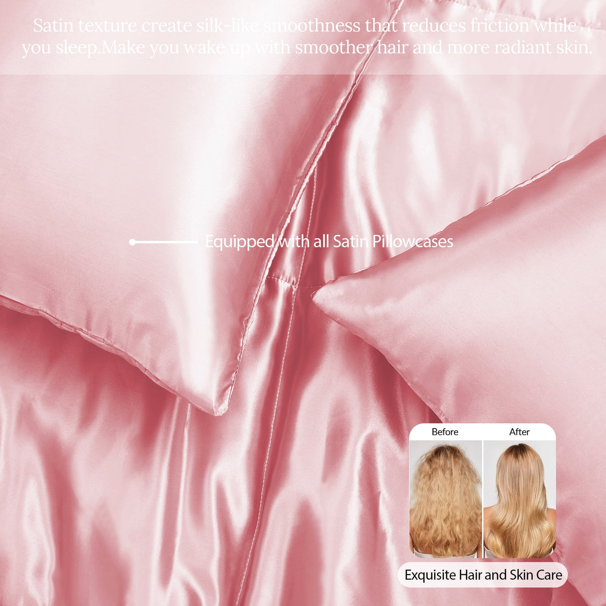 Whale Flotilla 3-Piece Reversible Silky Satin Queen Size Comforter Bedding Set, Lightweight Luxury Comforters with 2 Pillowcases All-Season, Pink