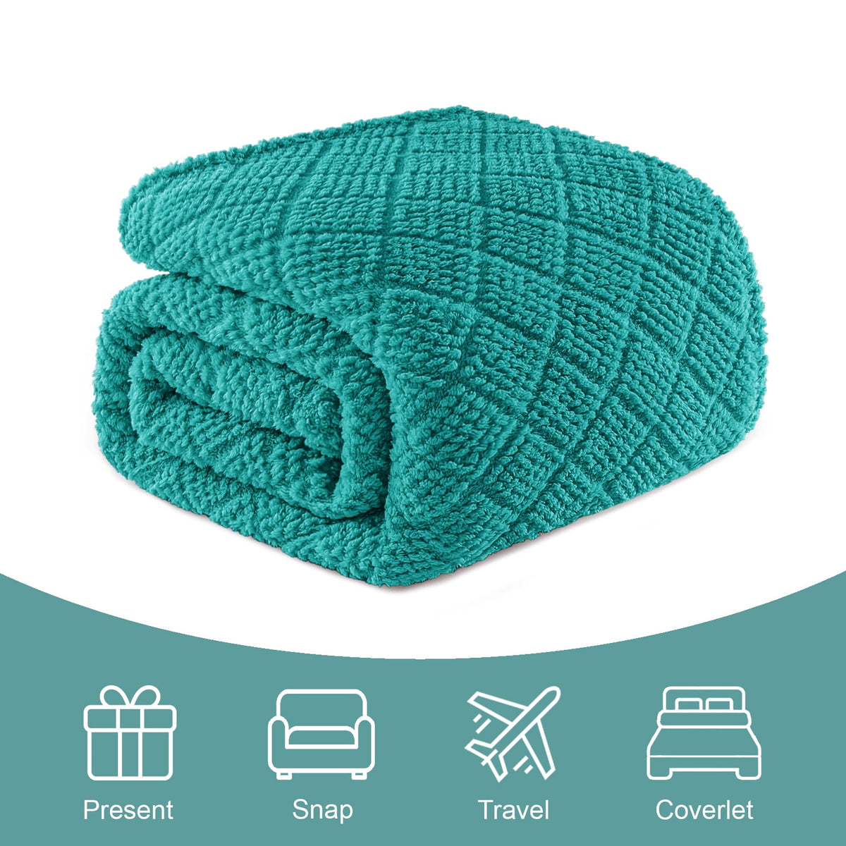 Whale Flotilla Fuzzy Fleece Queen Size Blanket for Bed, Soft Fluffy Jacquard Waffle Blankets for All Season, Lightweight and Warm, 90x90 Inch, Teal