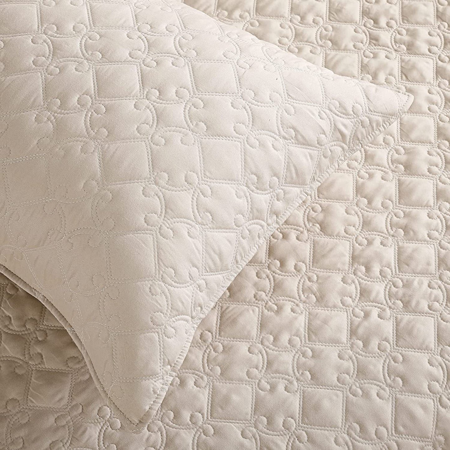 Whale Flotilla Quilt Set Twin Size, Soft Microfiber Lightweight Bedspread Coverlet Bed Cover (Diamond Pattern) for All Seasons, Brich Beige, 2 Pieces (Includes 1 Quilt, 1 Sham