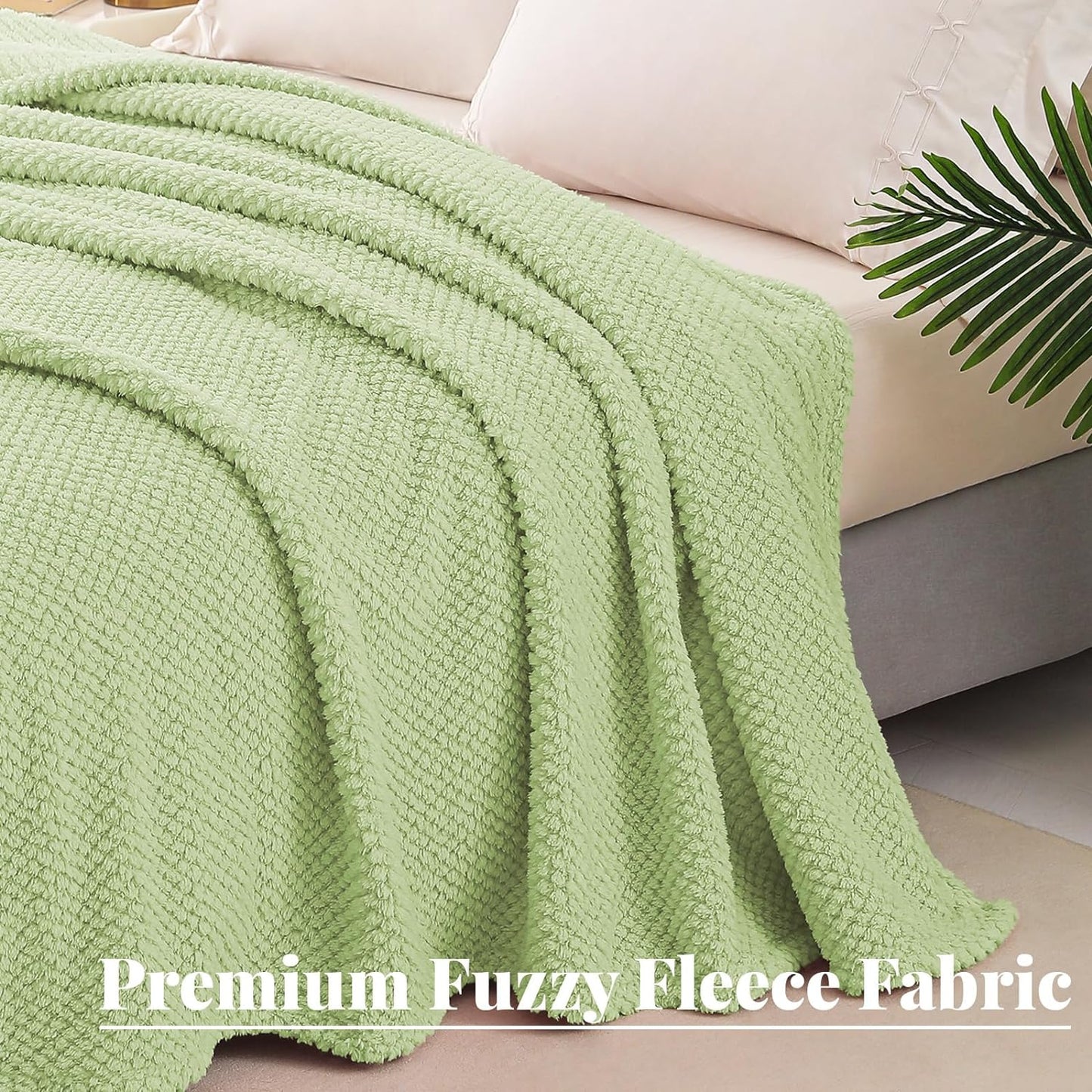Whale Flotilla Queen Size Fuzzy Fleece Blanket, Fluffy Warm Soft Jacquard Bed Blankets for Fall Winter, Lightweight and Cozy, 90x90 Inch, Light Green