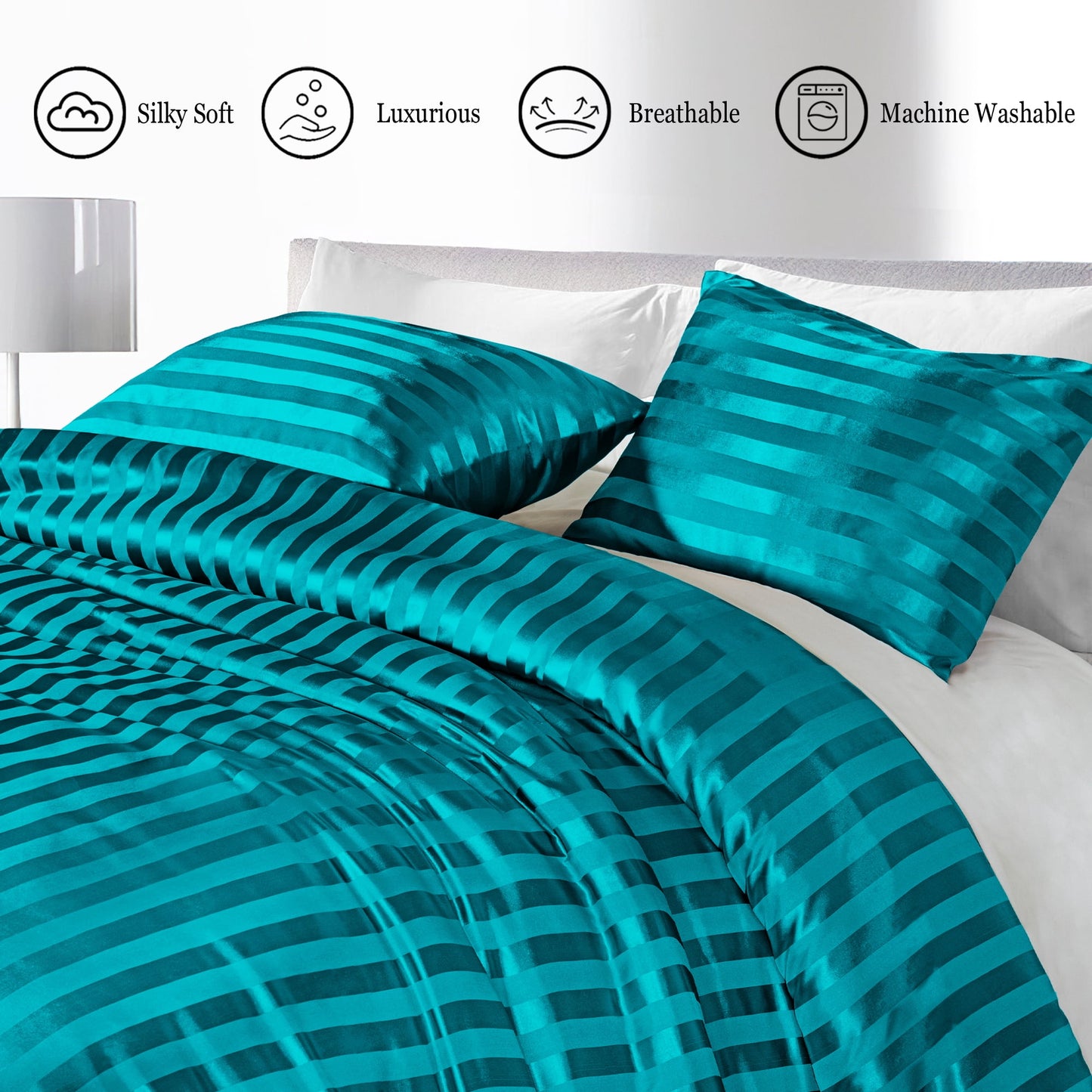 Whale Flotilla Queen Comforter Set 3-Piece Turquoise Satin Stripe Bedding, Lightweight All-Season Reversible Soft Bedding Set with 2 Pillowcases