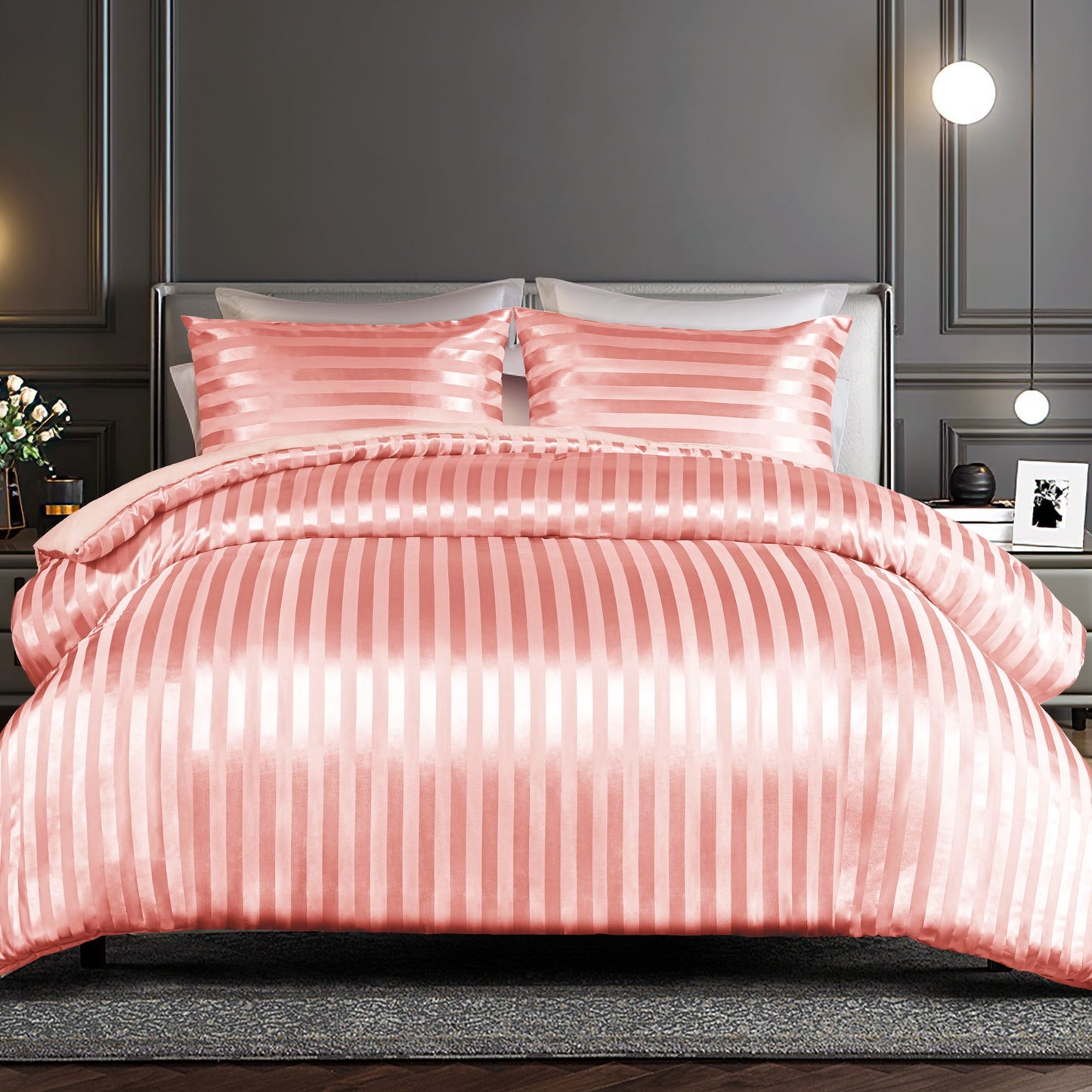 Whale Flotilla 3-Piece Reversible Silky Soft King Size Comforter Set, Luxury Stripe Satin Oversized Comforter Bedding Set with 2 Satin Pillowcases, Lightweight Duvet for All Seasons, Pink