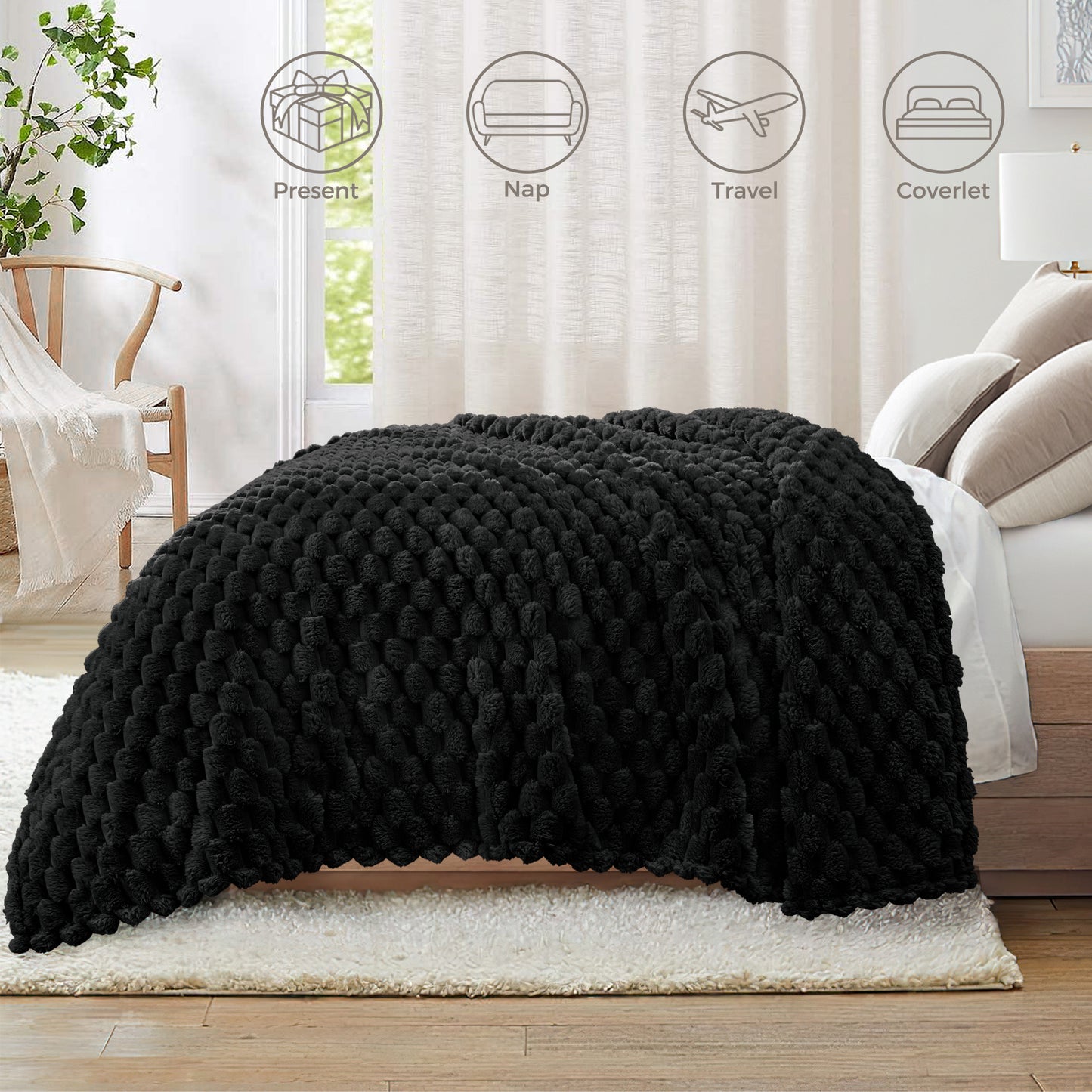 Whale Flotilla Throw Blanket for Couch with Expanded 3D-Jacquard Pattern, Fuzzy Soft Cozy Exquisite Blankets or All Season, Warm and Fluffy, 50x60 Inch,Black
