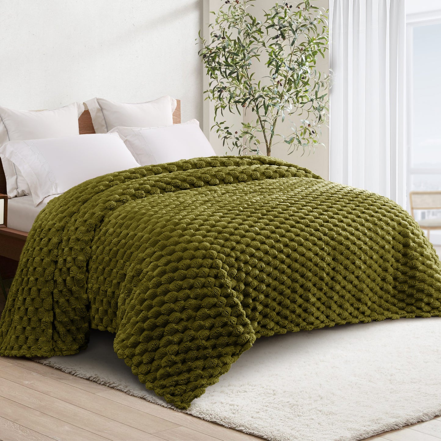 Whale Flotilla Twin Size Blanket for Bed with Expanded 3D-Jacquard Pattern, Fuzzy Soft Cozy Exquisite Blankets or All Season, Warm and Fluffy, 60x80 Inch, Olive