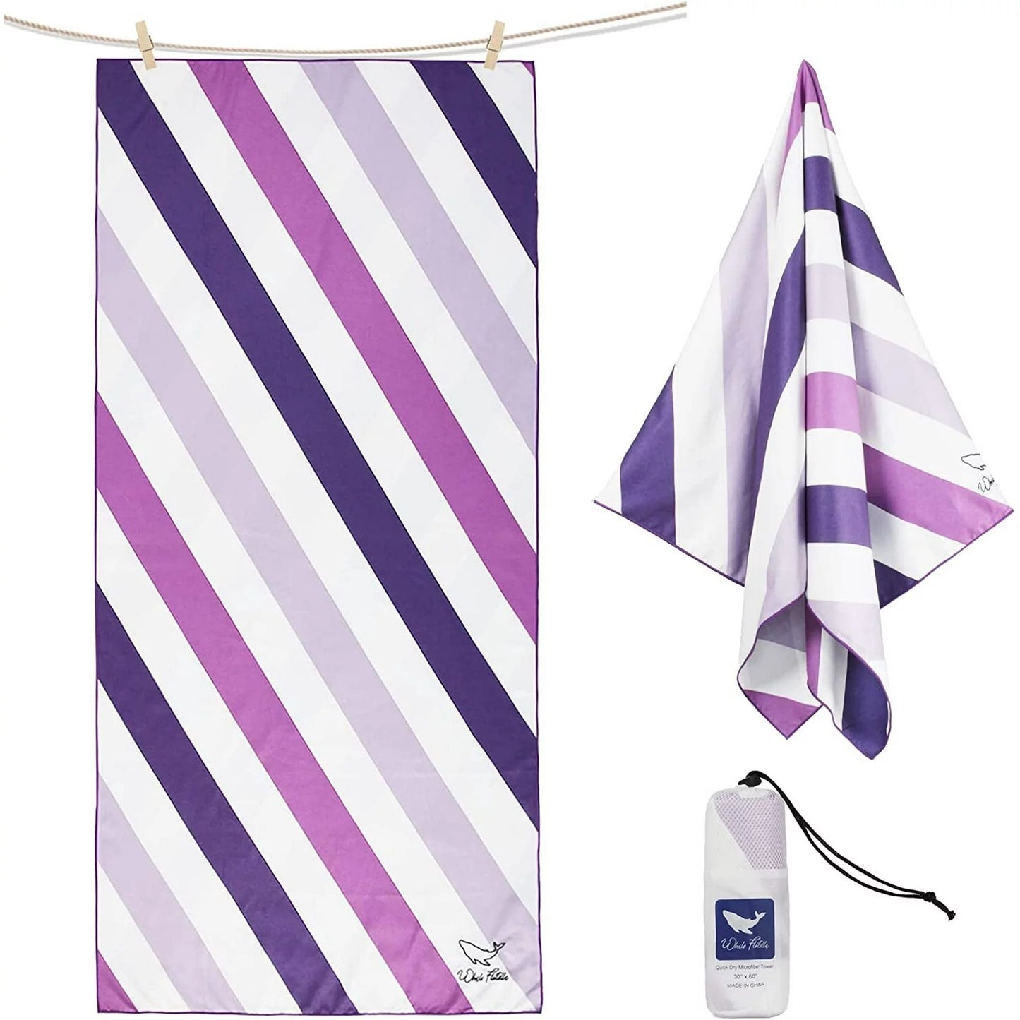 Whale Flotilla Microfiber Oversized Beach Towel, 2 Pack Quick Dry Beach Towel Sand Free Cooling Travel Camp Pool Towel Set for Kids/Adults, Super Absorbent and Portable, Blue and Purple 35x70 Inch