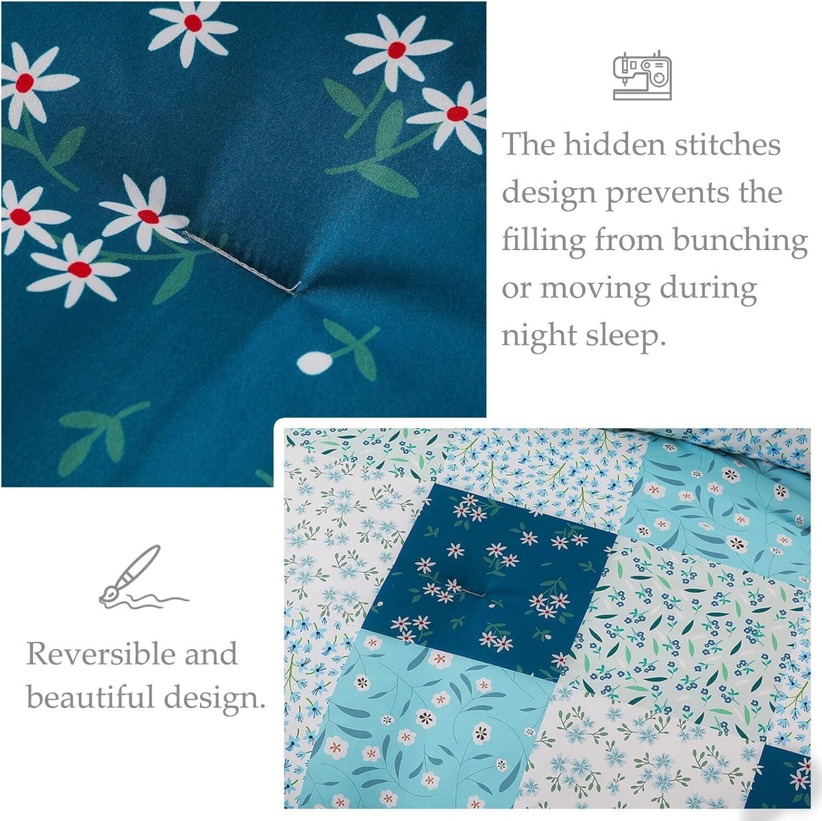 Whale Flotilla 3-Piece Queen Comforter Set, Soft Reversible Bedding Comforter Sets, Patchwork Printed Down Alternative Comforter Duvet for All Seasons, Blue