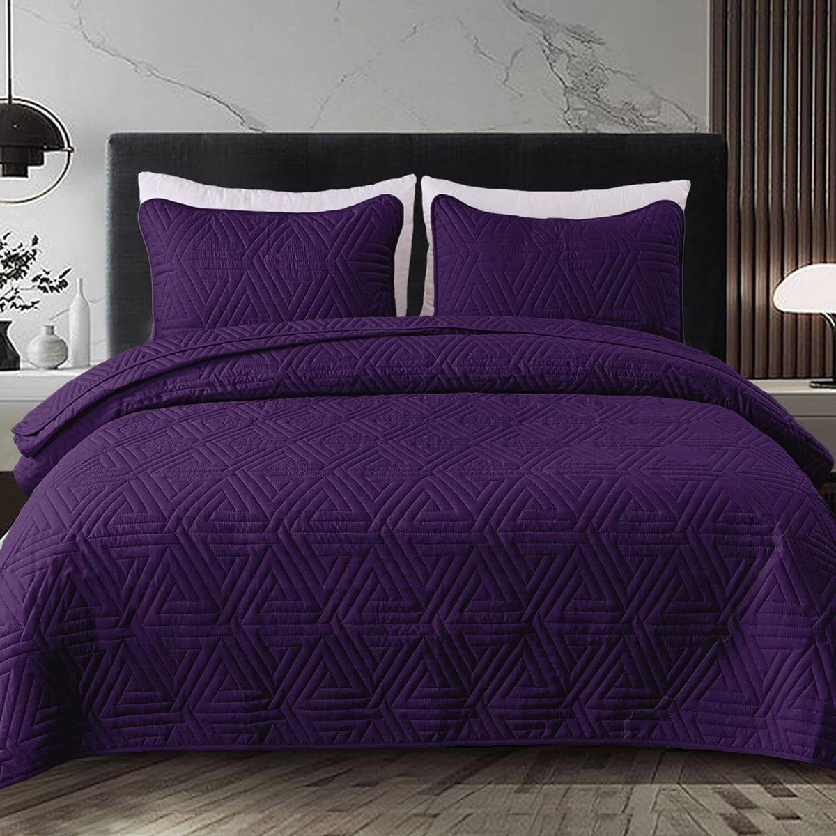 Whale Flotilla 3-Piece King Size Quilt Set for All Season, Classic Geometric Pattern Bedding Set with 2 Pillow Shams, Soft and Lightweight, Purple