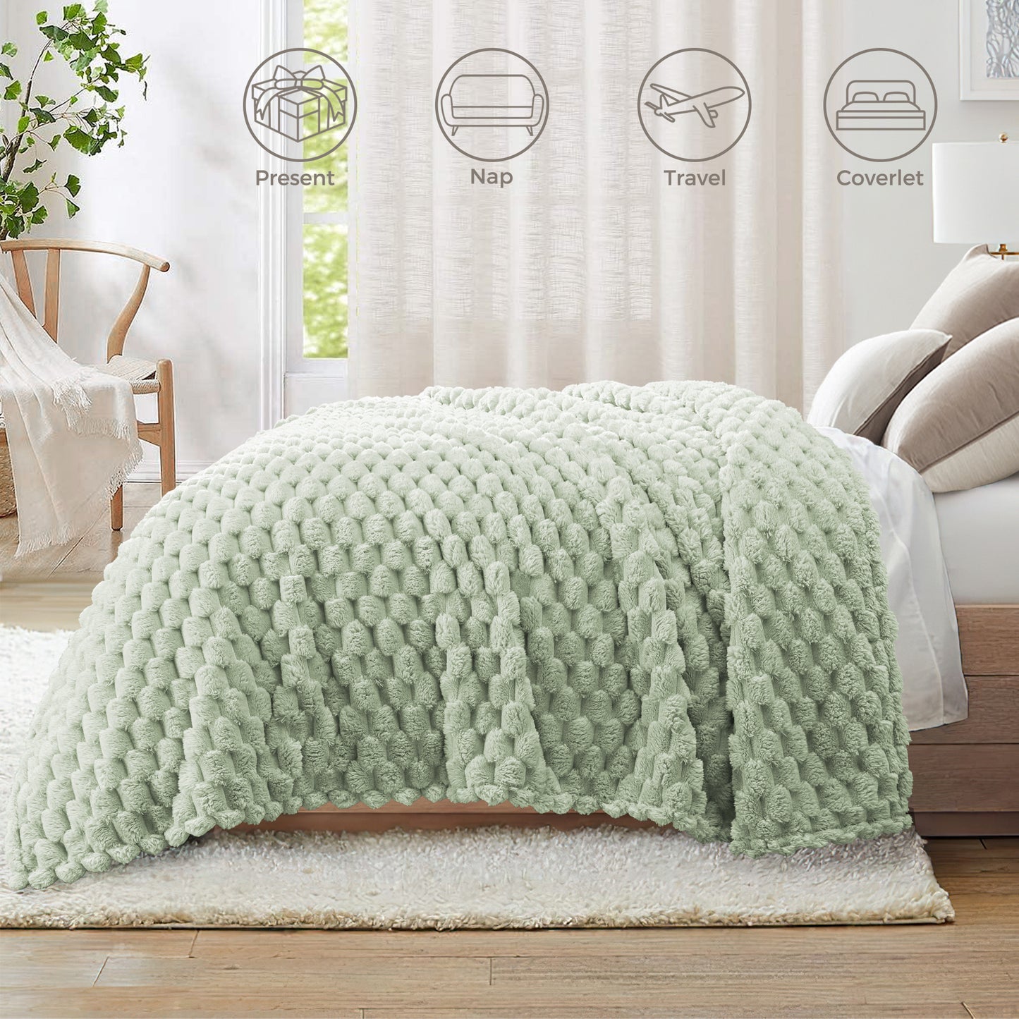 Whale Flotilla Throw Blanket for Couch with Expanded 3D-Jacquard Pattern, Fuzzy Soft Cozy Exquisite Blankets or All Season, Warm and Fluffy, 50x60 Inch,Sage Green