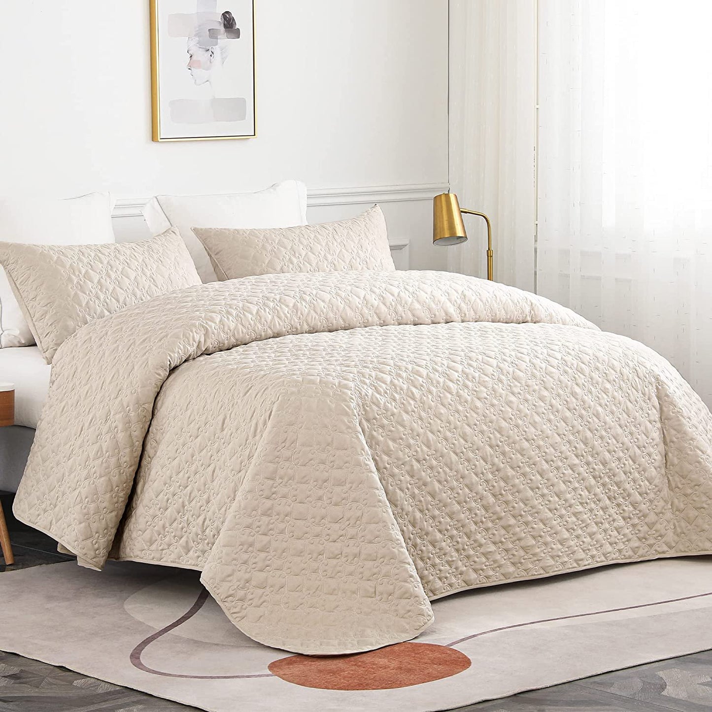 Whale Flotilla Quilt Set Twin Size, Soft Microfiber Lightweight Bedspread Coverlet Bed Cover (Diamond Pattern) for All Seasons, Brich Beige, 2 Pieces (Includes 1 Quilt, 1 Sham